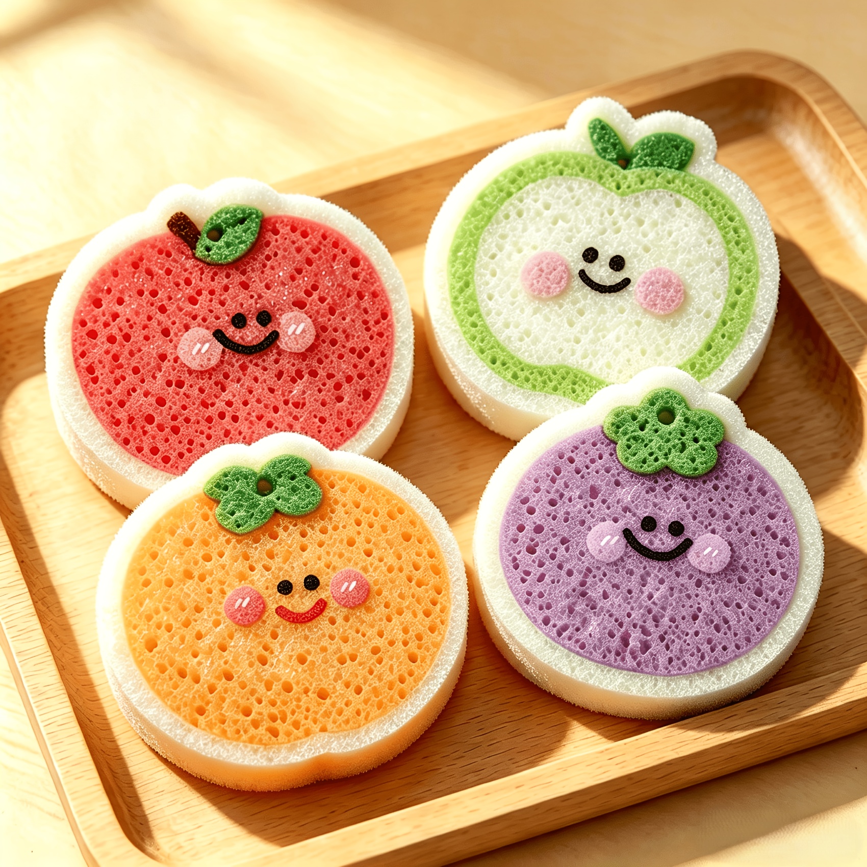 TEMU 4pcs Set, 4 Designs, Fruit Compressed Wood Pulp Dish Scrubber, Household Kitchen Supplies, Dishwashing Sponge, Dishcloth, Scouring Pad