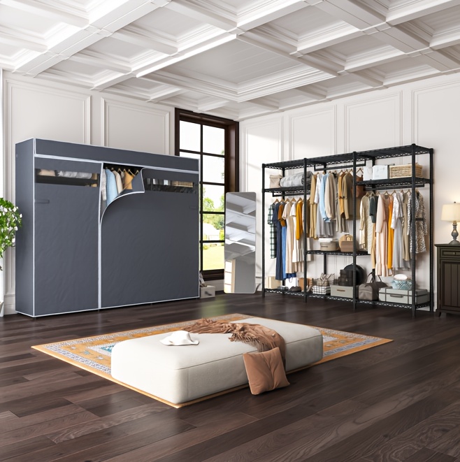 WOLTU Portant Meuble Rangement Pour Vêtements Penderie Ouverte En Acier Et MDF, Porte-vêtements Pour Salon, Magasins, Noir Chêne Clair