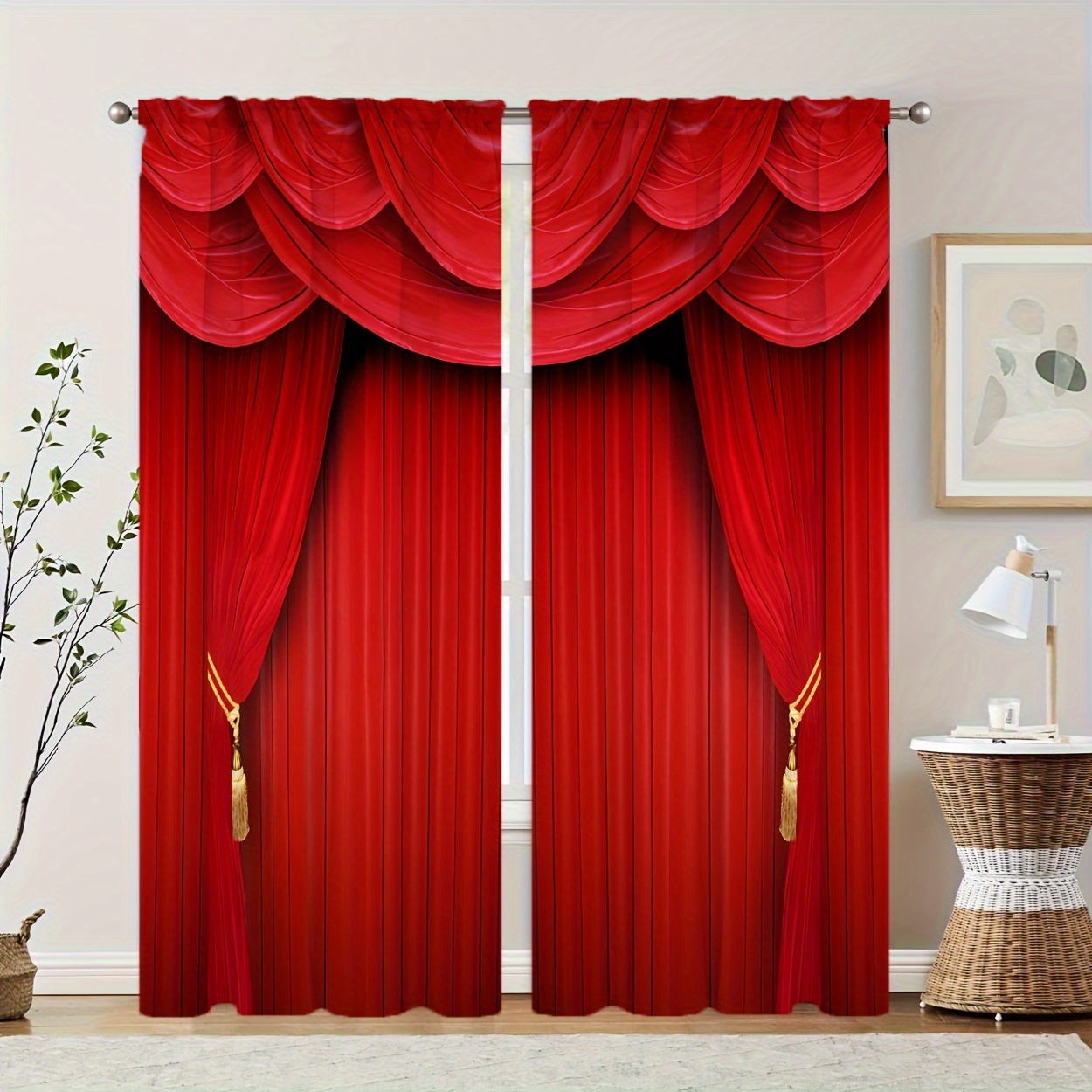 

2pcs Red Curtains, Rod Pocket Decorative Window Drapes, Window Treatments For Bedroom Living Room, Home Decoration, Wedding Decoration