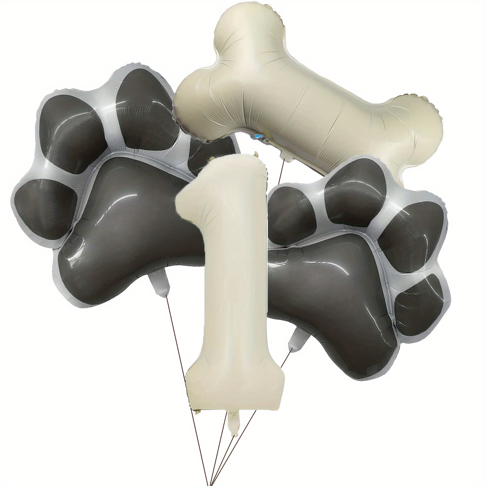 Image of A Birthday Foil Balloon Set For Dogs -9, Including A Dog Bone Foil Balloon, Paw Foil Balloons, And Corresponding Age Beige Foil Number Balloons, To A Dog's Birthday Party
