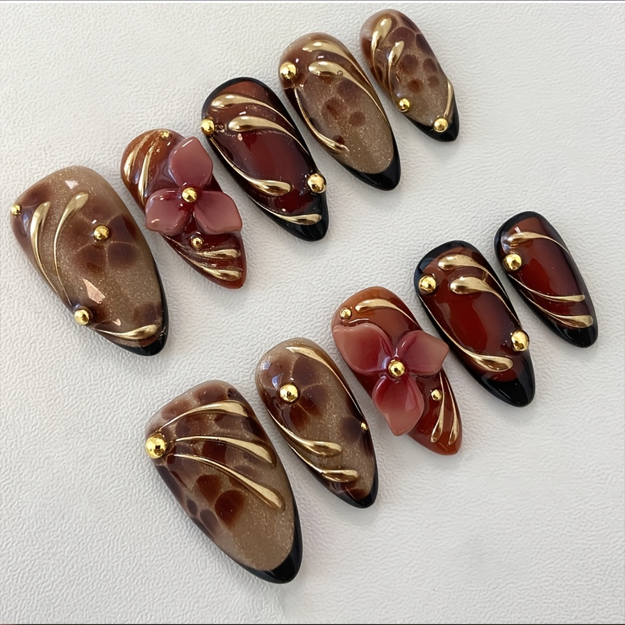 TEMU 10pcs Metallic Gold-plated Printed Nail Stickers, Almond Brown Leopard Print French 3d Carved Red-brown Flowers, Y2k Trendy Girly Handmade Wear,
