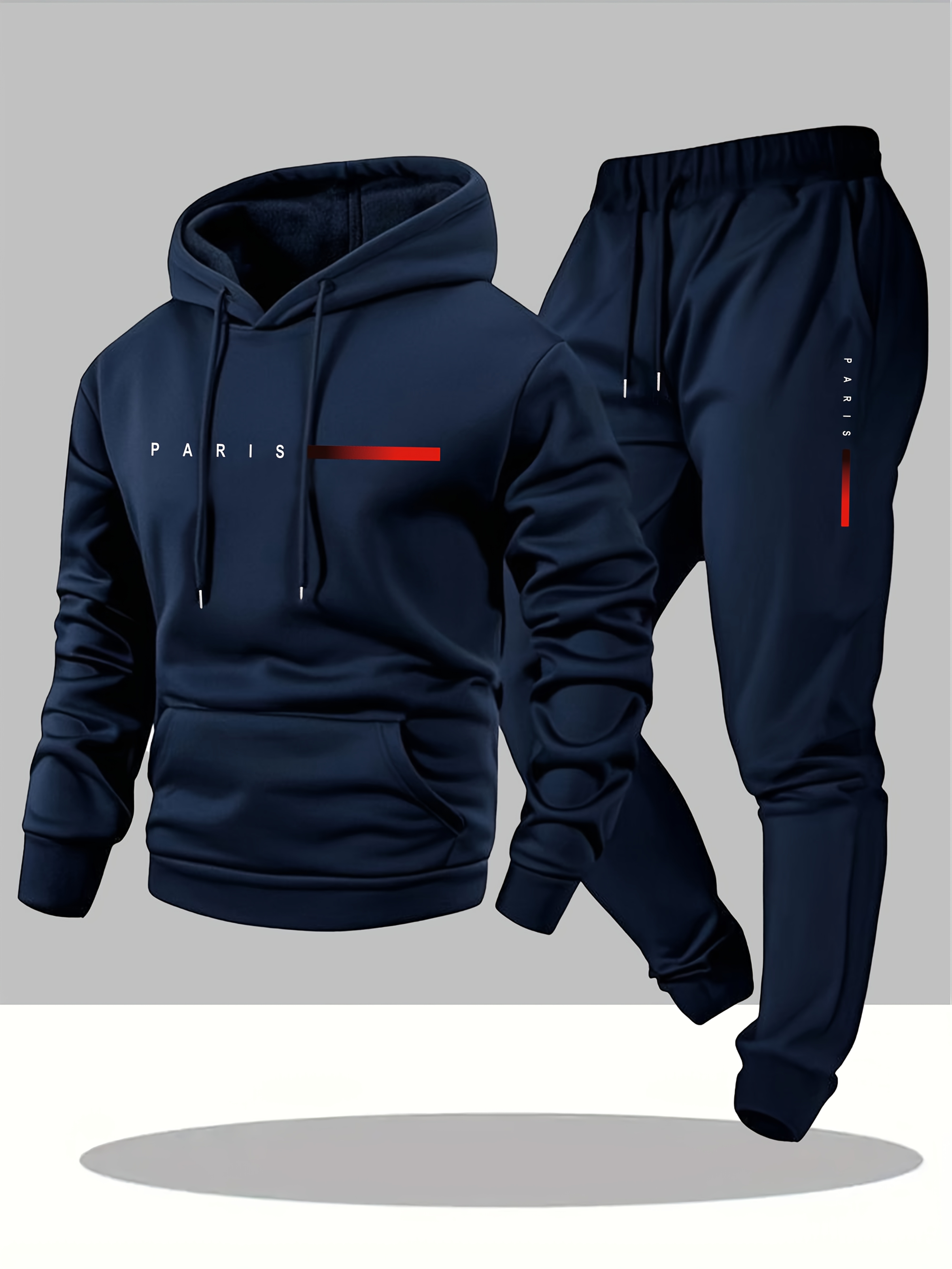 Men'S Casual Paris Letter Hoodie & Joggers Set - Gray Drawstring Pullover with Red Accents, Loose Fit, Long Sleeve, Fall/Winter Collection, Comfortable Clothing|Casual Style|Stretch Fabric