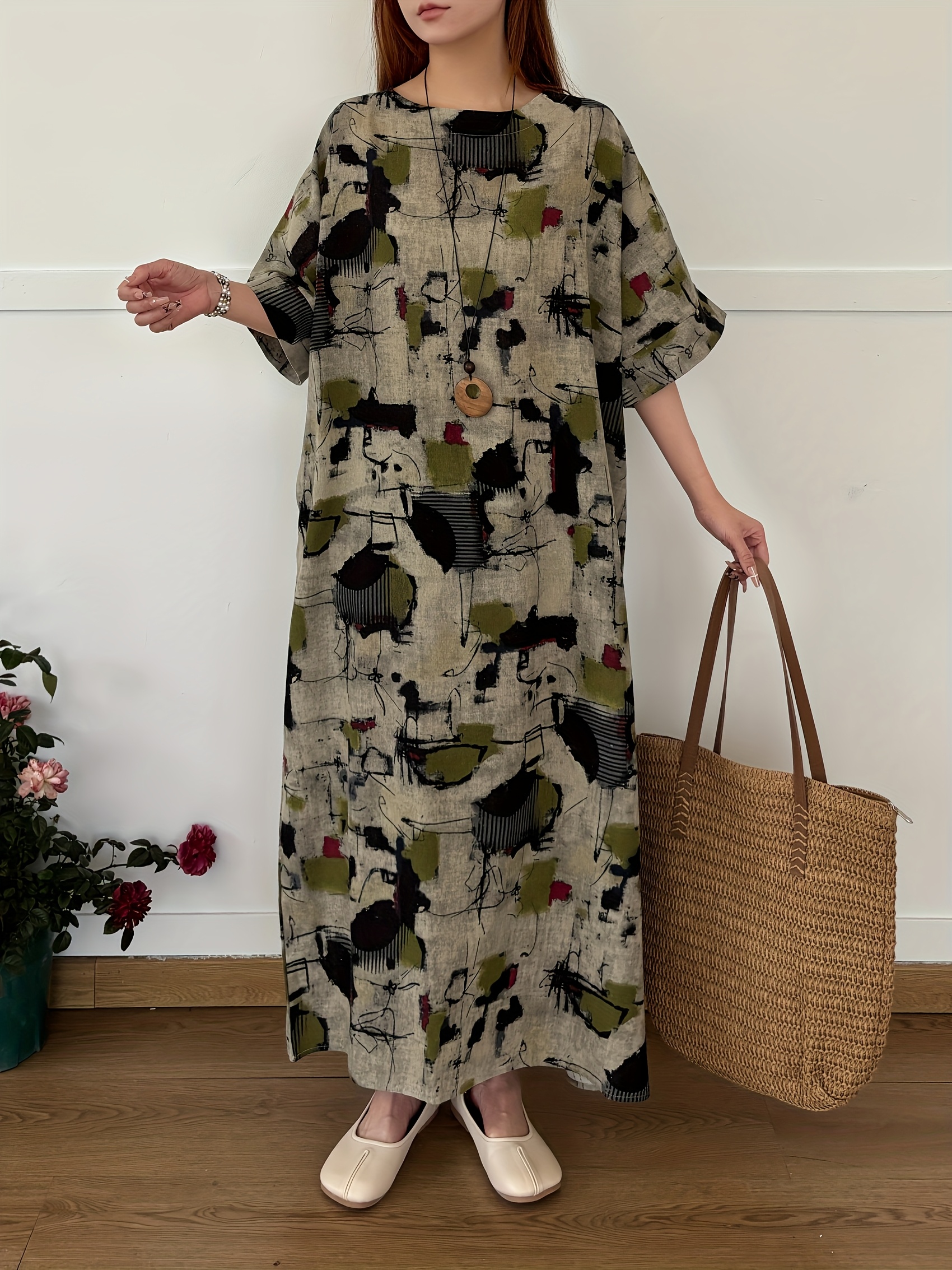 Women's Bohemian Floral Print Linen Dress Loose Size Short Sleeve Round  Neck with Pockets, Breathable Spring Summer Casual Outfits, Casual