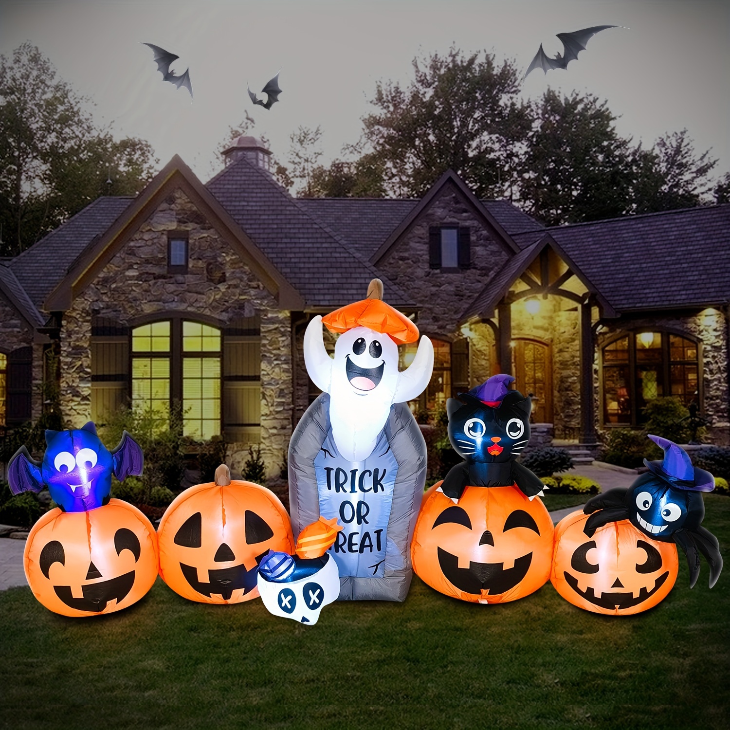 

8ft Inflatable Decorations, Blow Up Pumpkins And Tombstone Cat Bat Spider, Led Lights, Holiday Decoration For Party Outdoor, Yard, Garden Lawn Décor