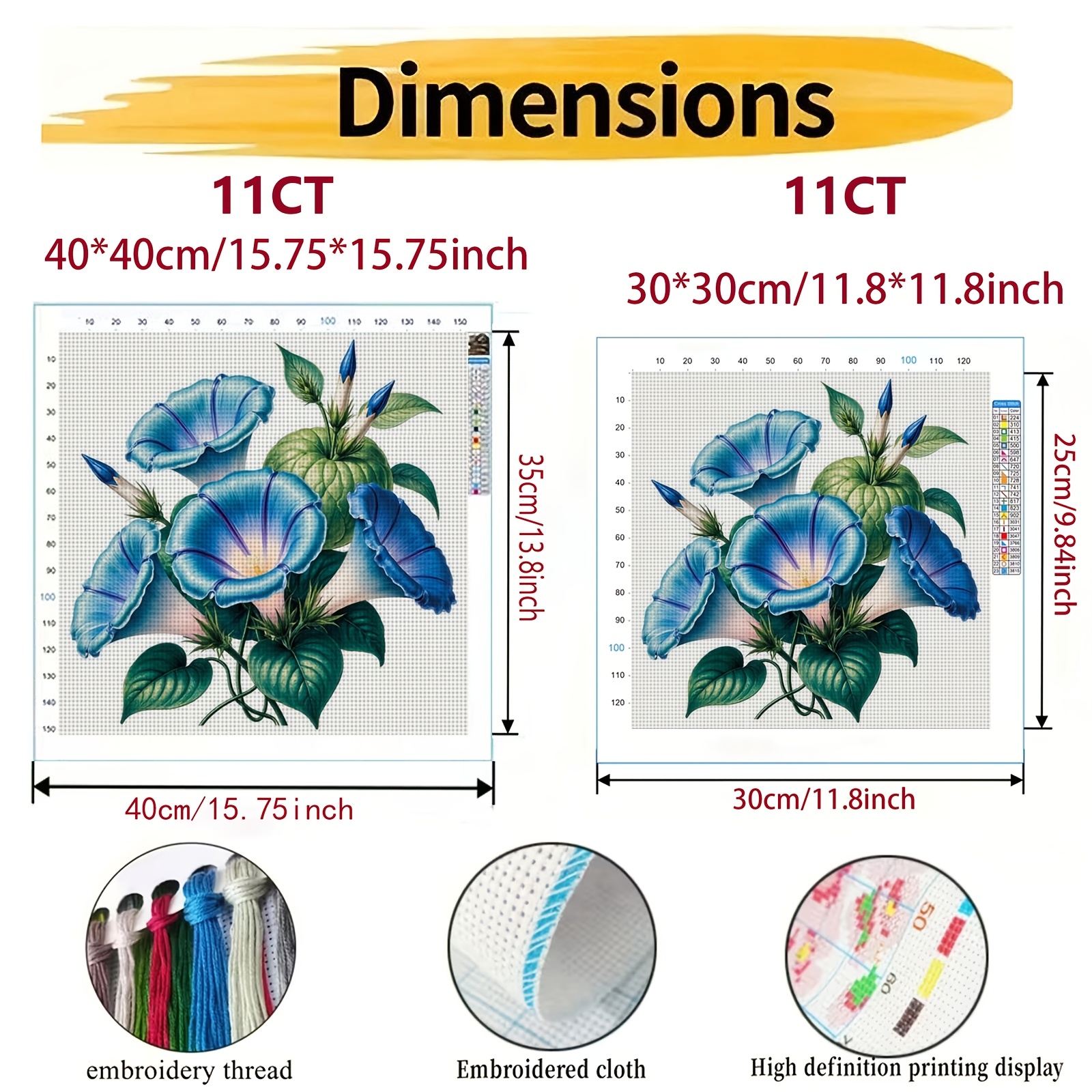 DIY Cross-Stitch Printed Kit, Blue Flowers and Green Leaves Floral Pattern