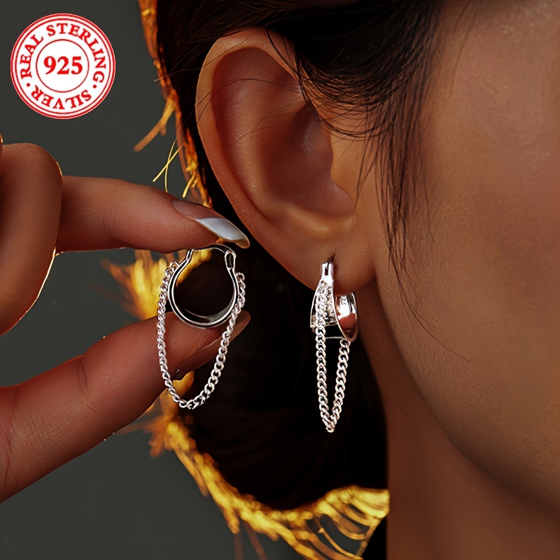 

Unique Chunky Hoop Earrings With Long Chain Pendant 925 Sterling Silver Hypoallergenic Jewelry Elegant Luxury Style Gifts For Women