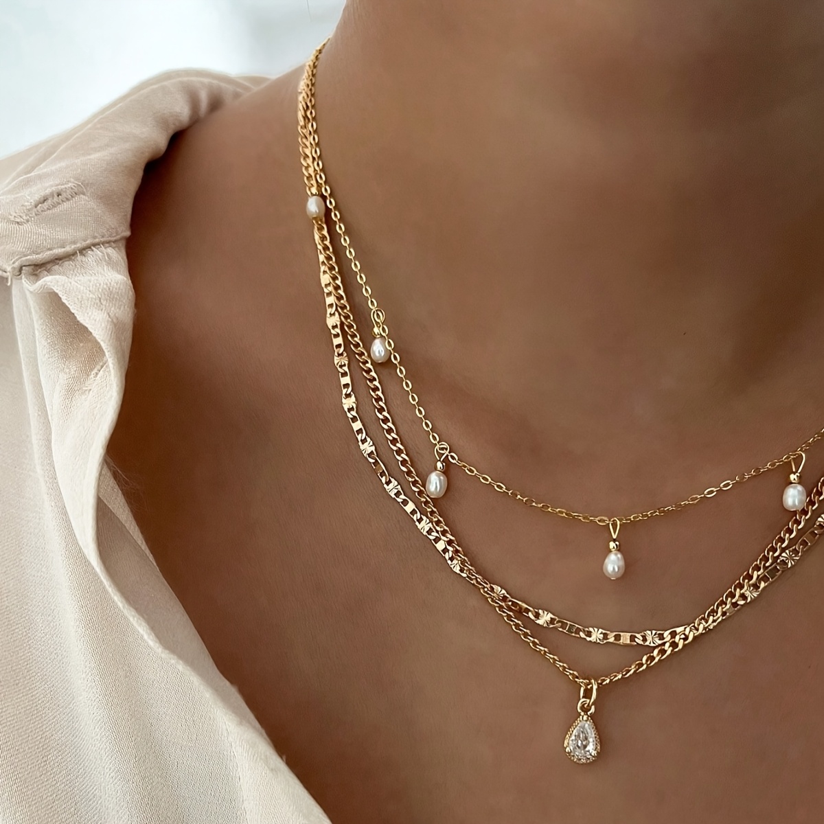 Image of 1pc Iron Chain Copper Chain Rhinestone Pendant Three-layer Necklace, Sexy Fashion Teardrop Pendant Necklace, Gift For Vacation, Valentine's Day, Holiday Gift Necklace