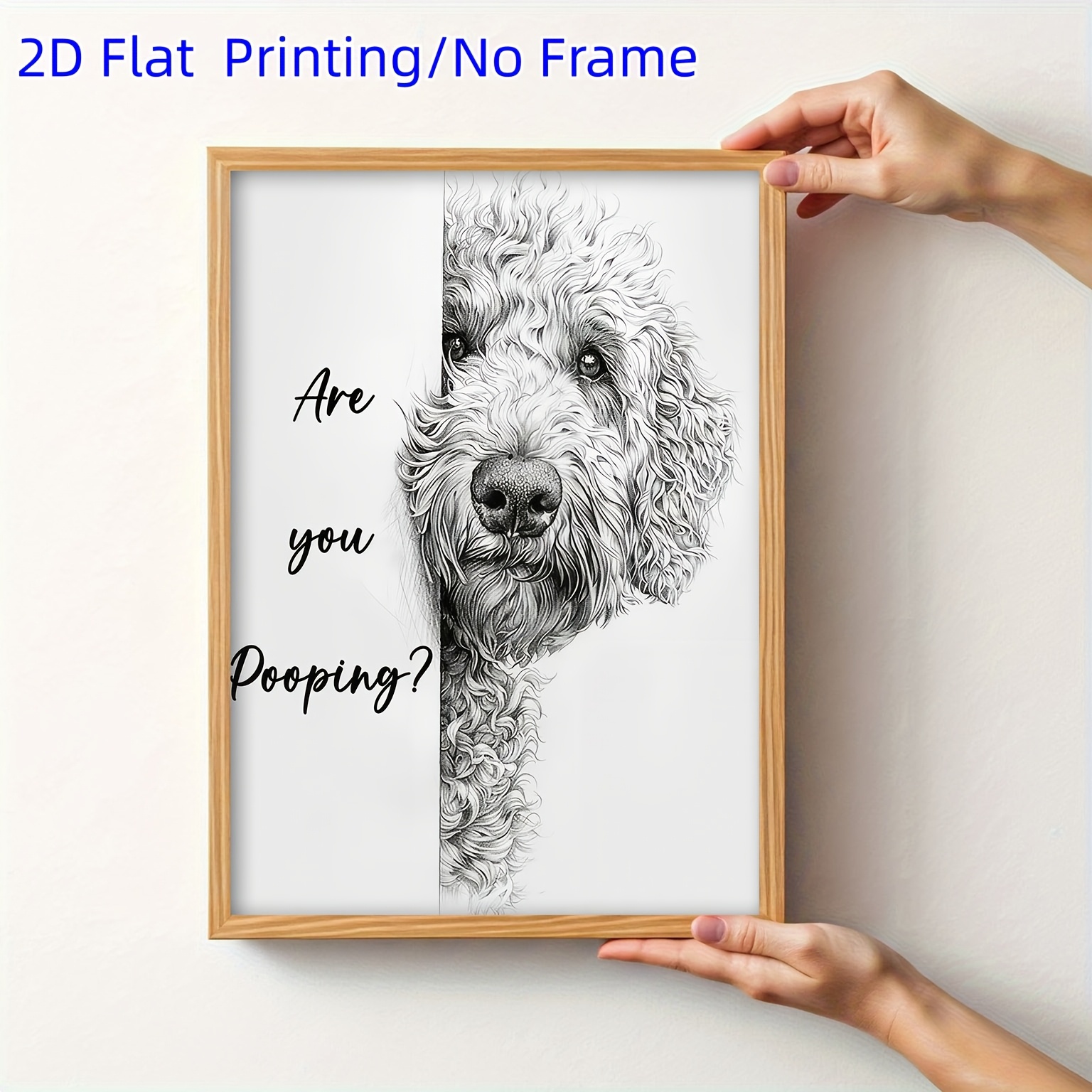 TEMU Impression 2D à plat, 1 pièce cadre 12x18in, impression sur toile humoristique Goldendoodle | Illustration de chien et blanc « Tu caca ? » |