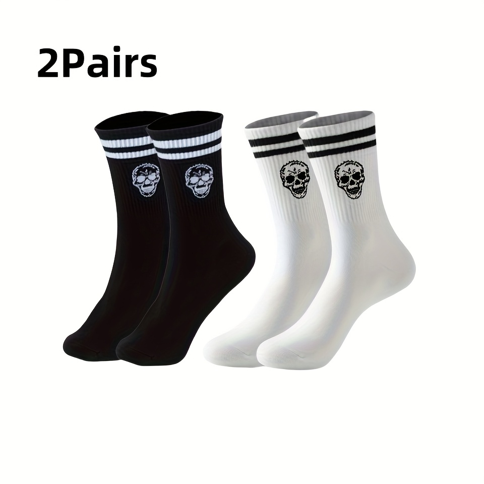 TEMU 2/6 Pairs, Black And White Double-striped Skull Mid-tube Socks, Halloween Style, Soft And Breathable Fabric With Full Elasticity, Elegant Design