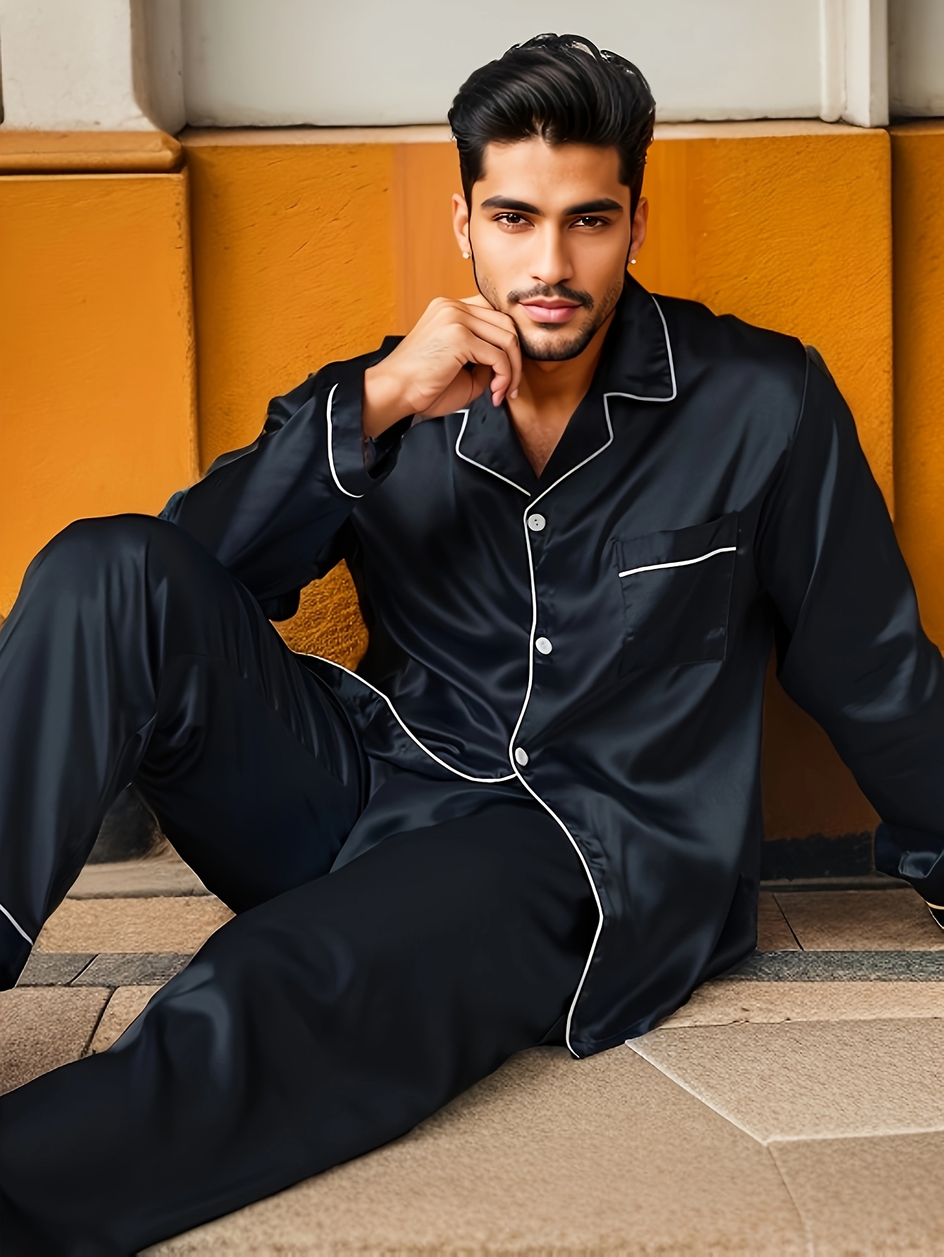 Herren Satin-Pyjama Kurzarm-Set – Zweiteiliger Schlafanzug Mit Knopfleiste