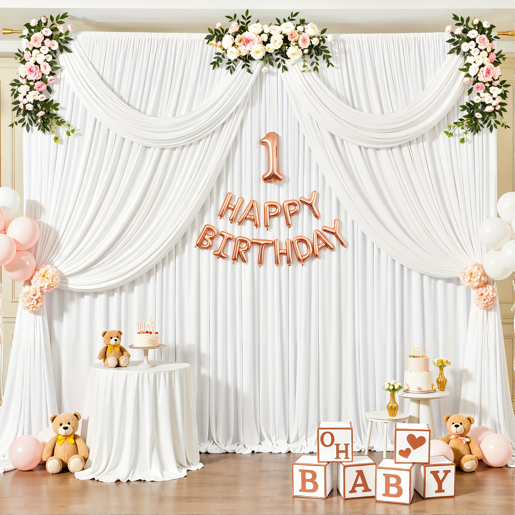 2 Panels White Backdrop Curtains 5ft X 8ft Polyester Photo Backdrop Drapes For Wedding Party Baby Shower Birthday Decorations