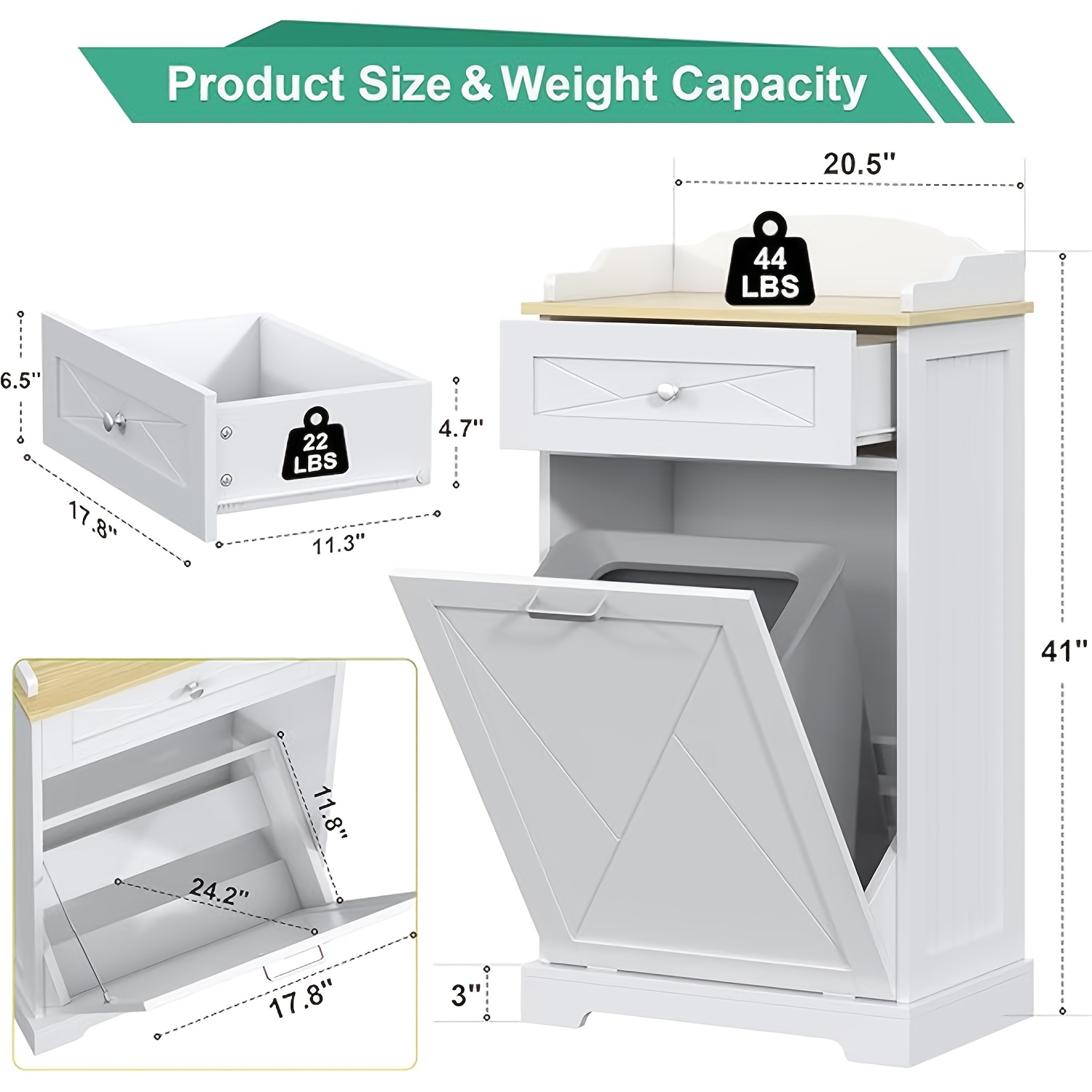 Black, Single Door Trash Can Cabinet, Multifunctional Storage Cabinet With 1 Drawer Cabinet, Product Size: 52x36x104.5cm (20.47*14.17*41.14inch)