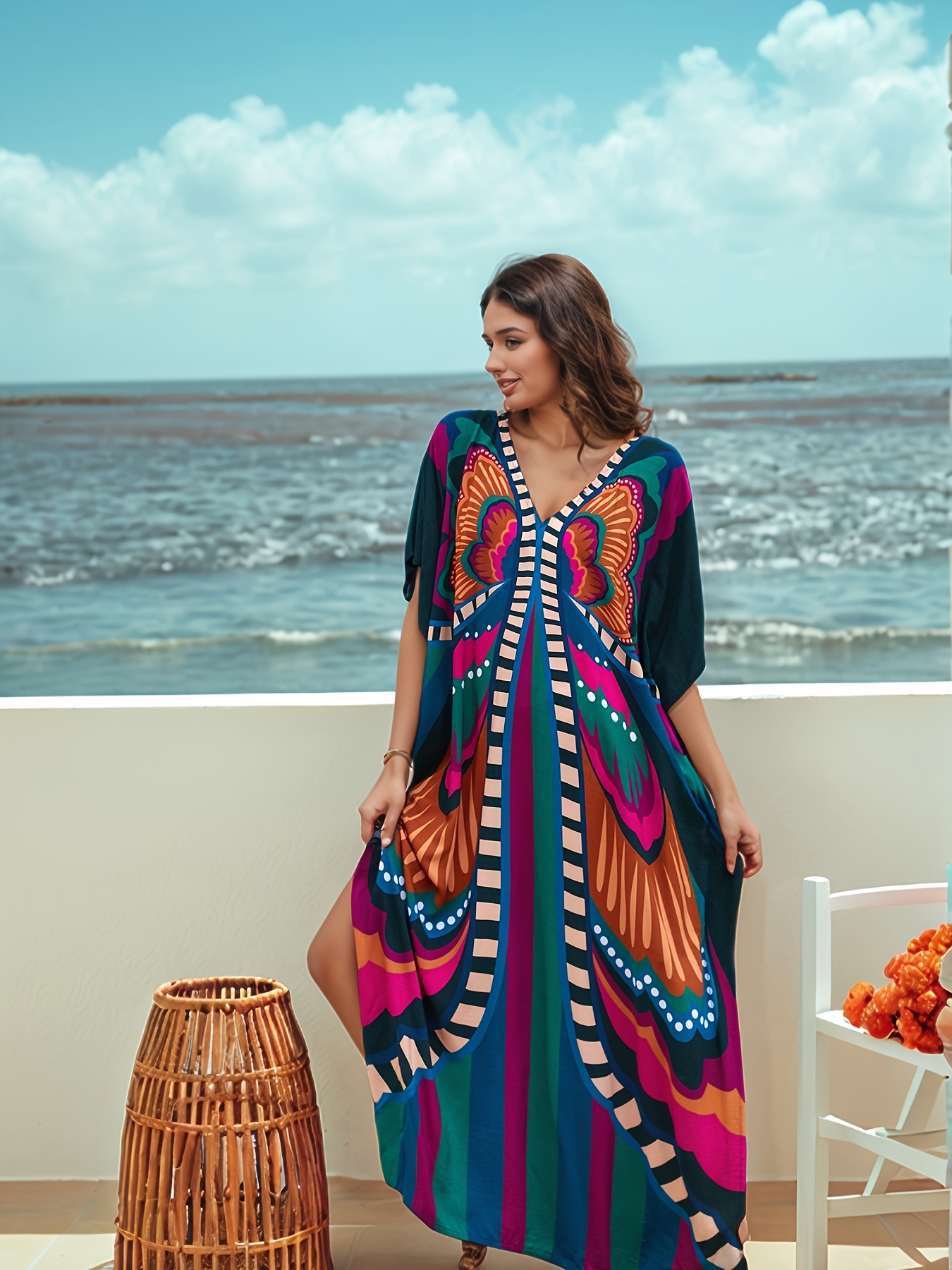 size v-neck kaftan dress - 100% rayon batwing sleeve maxi with side slit,  bohemian print pullover for spring/summer/fall, beach and casual wear |  Shop Trends | Temu