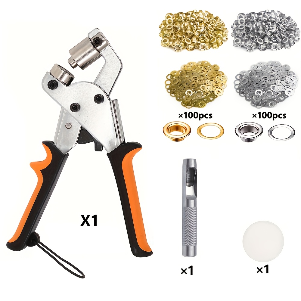 Image of 100pcs/200pcs 10mm Portable Grommet Tool Kit With 3/8in Eyelet Pliers, Handheld Eyelet Punch Pliers, Eyelet Kit For Fabric Tarps,,waterproof Fabric,banners