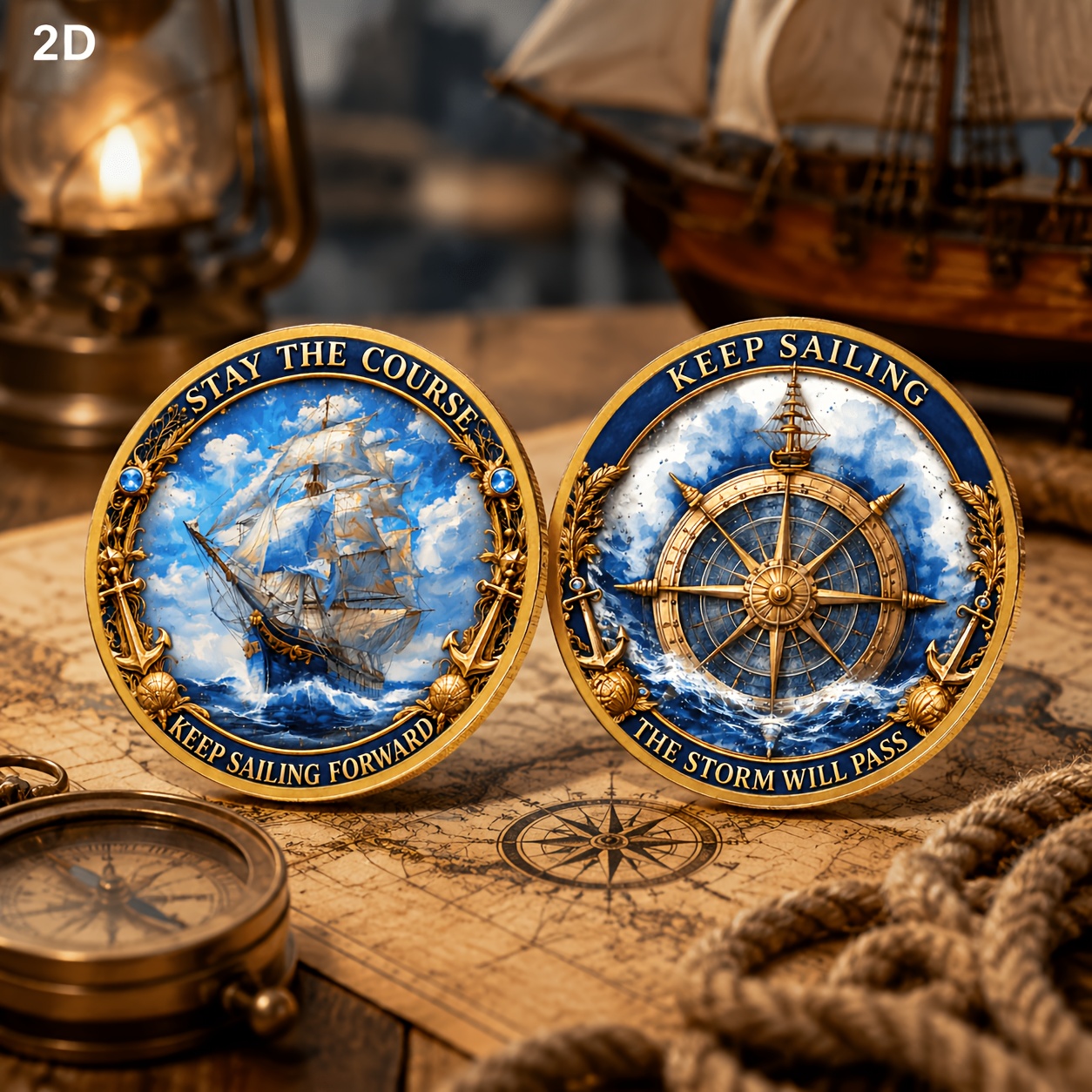 TEMU 2d Coin, Sailboat Compass Ship Wave Map Telescope Pattern, Explorer Far Voyage Sailor Collectible Gift, Symbolizing Steadfast Direction,