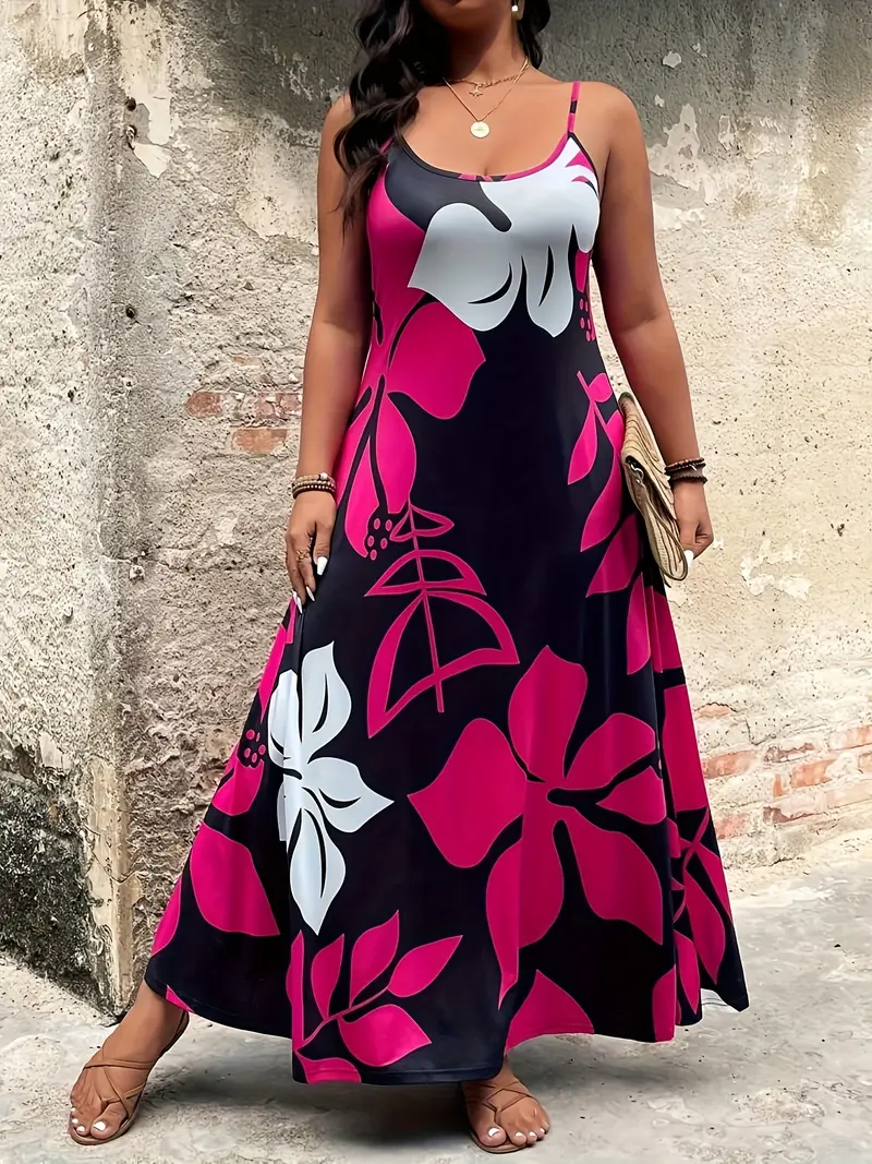 Plus Size, Women's Plus Size Floral Print maxi Dress Elegant Hawaiian Vacation Beach Dress, Flared Skirt, Machine Washable Outfit in