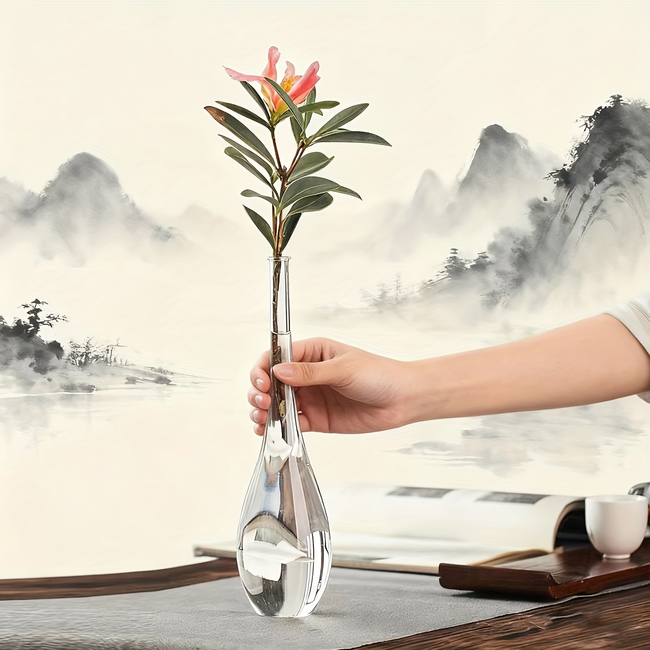 TEMU 1pc Chinese Zen Yujing Transparent Glass Vase - Home Decor For Living Room/bedroom/, Hydroponic Flower Vessel, Flower Arrangement Decor And Gift