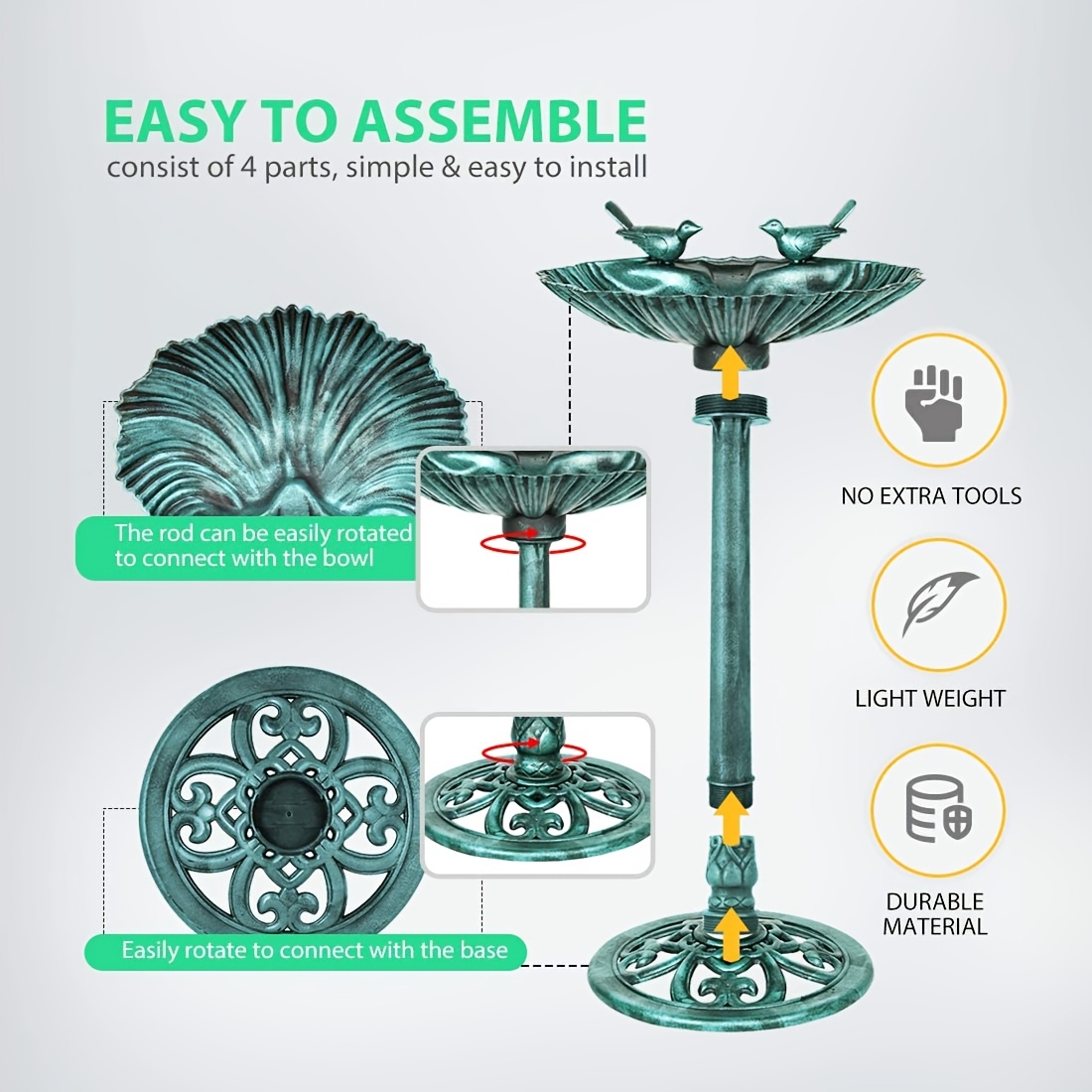TEMU New Outdoor Bird Bath With 2 Bird Green, Detachable Hummingbird Stand And Hummingbird Feeder Retro Style. Suitable For Outdoor Places Such As