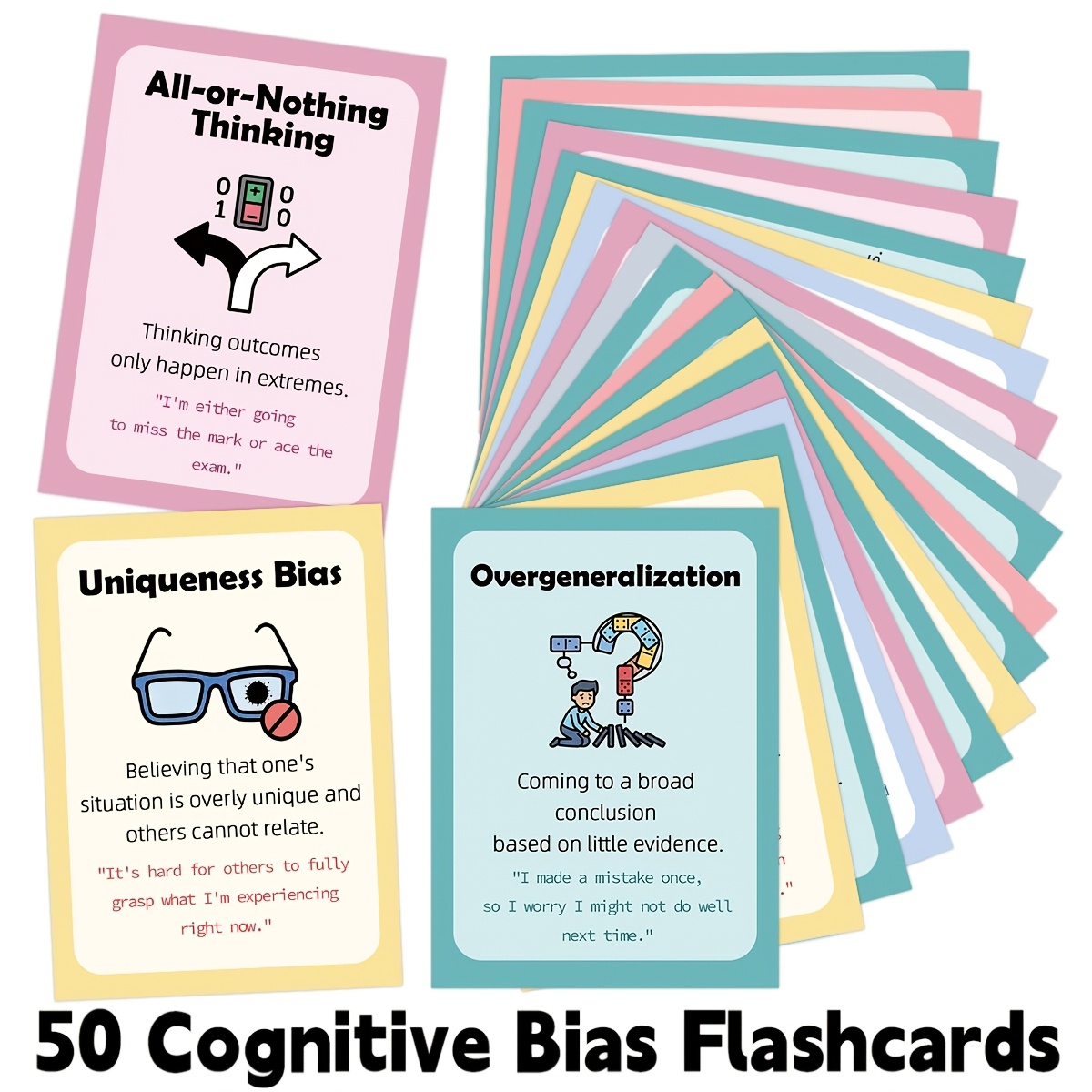 TEMU 50pcs Cognitive Bias & Distortion Cards Suitable For Therapists, Counselors, Students - Color-coded Mental Health Reference Cards With
