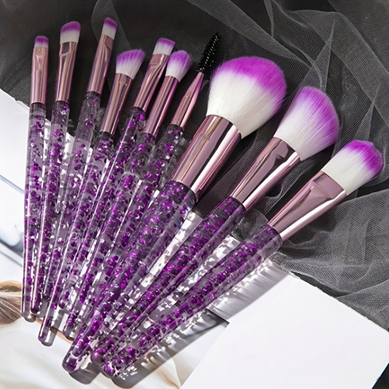 

10-piece Crystal Quicksand Makeup Brush Set - Includes Eyeshadow, Blush & Powder Brushes With Nylon Bristles For All Skin Types