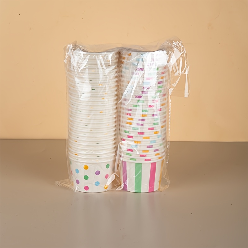 Image of 50pcs Round Paper Cups, 4oz Colored Polka Dot Vertical Stripe Ice Disposable Paper Cups, Party Home Use Cups, 25pcs Vertical Stripe Cups + 25pcs Polka Dot Cups