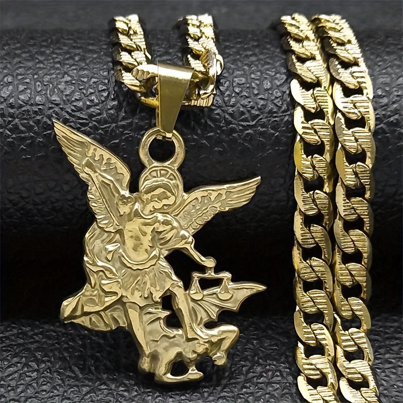 Image of Faith Style Archangel Protecting Us 304 304 304 304 Stainless Steel Pendant Necklace Men Women Golden Silvery Chain Jewelry