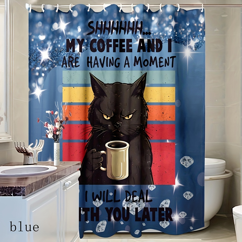 Shower Curtain Coffee Cat Pattern Waterproof Shower Curtain Temu New