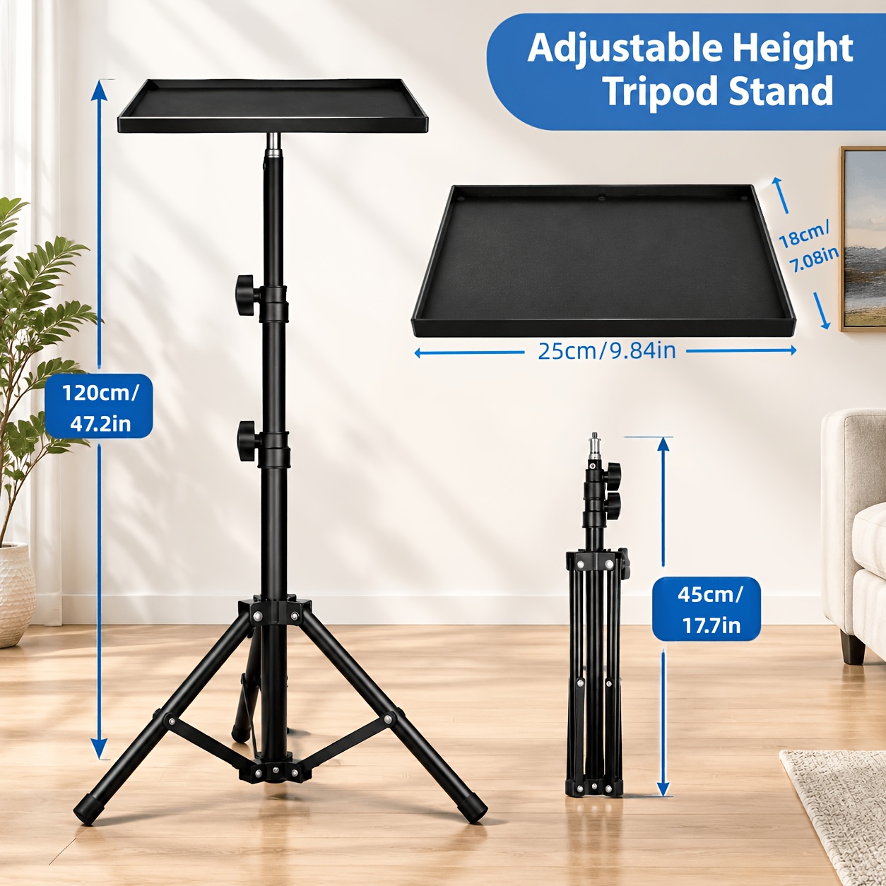 TEMU An Adjustable Tripod With A Tray, With A Maximum Height Of 120cm. It Features A Stable Triangular Structure And Folds Down To 45cm, Making It