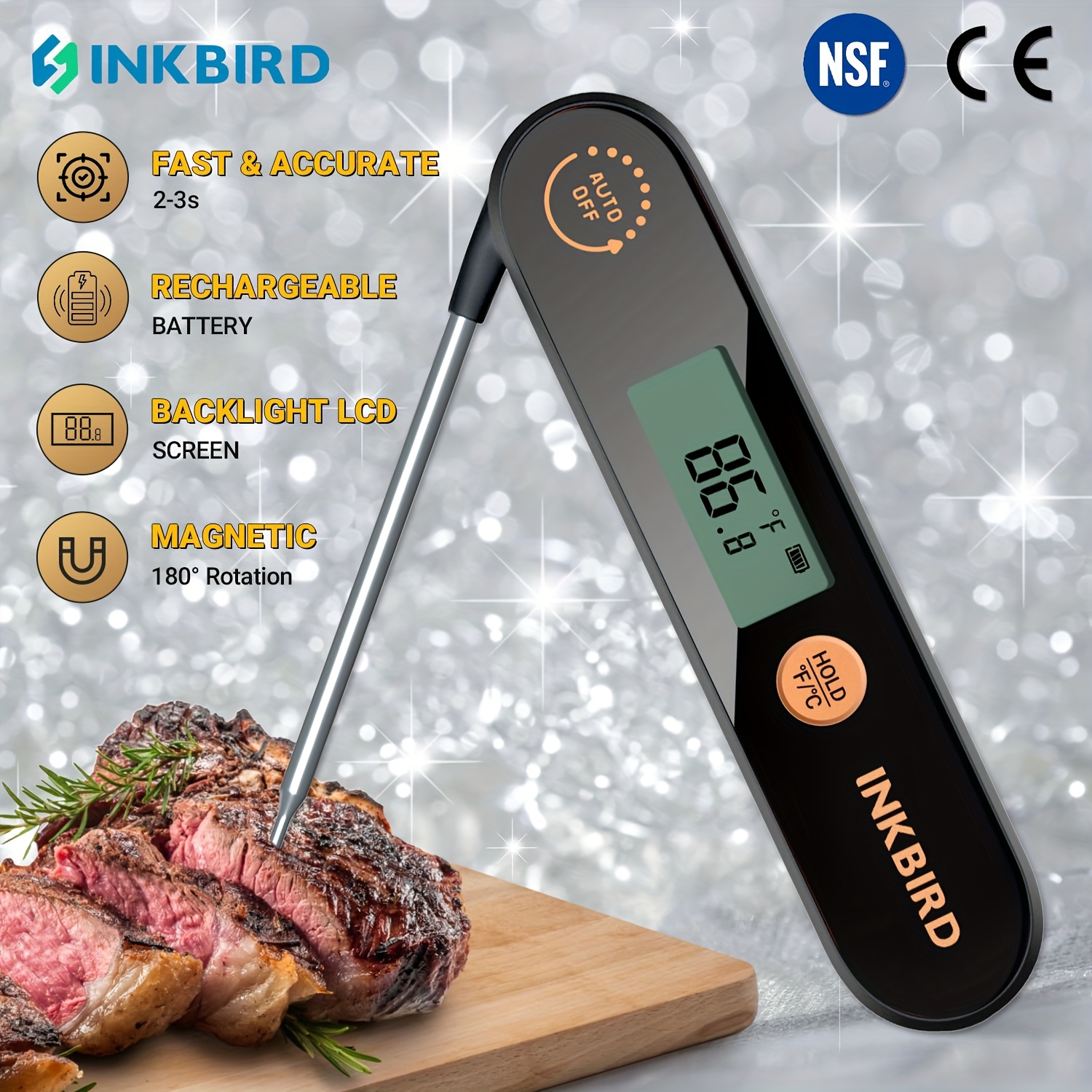 TEMU 3-5s Instant Read Meat Thermometer, Bbq Cooking Food Thermometer, Usb Rechargeable Battery, Cooking Thermometer With 180 Degree Probe Design,