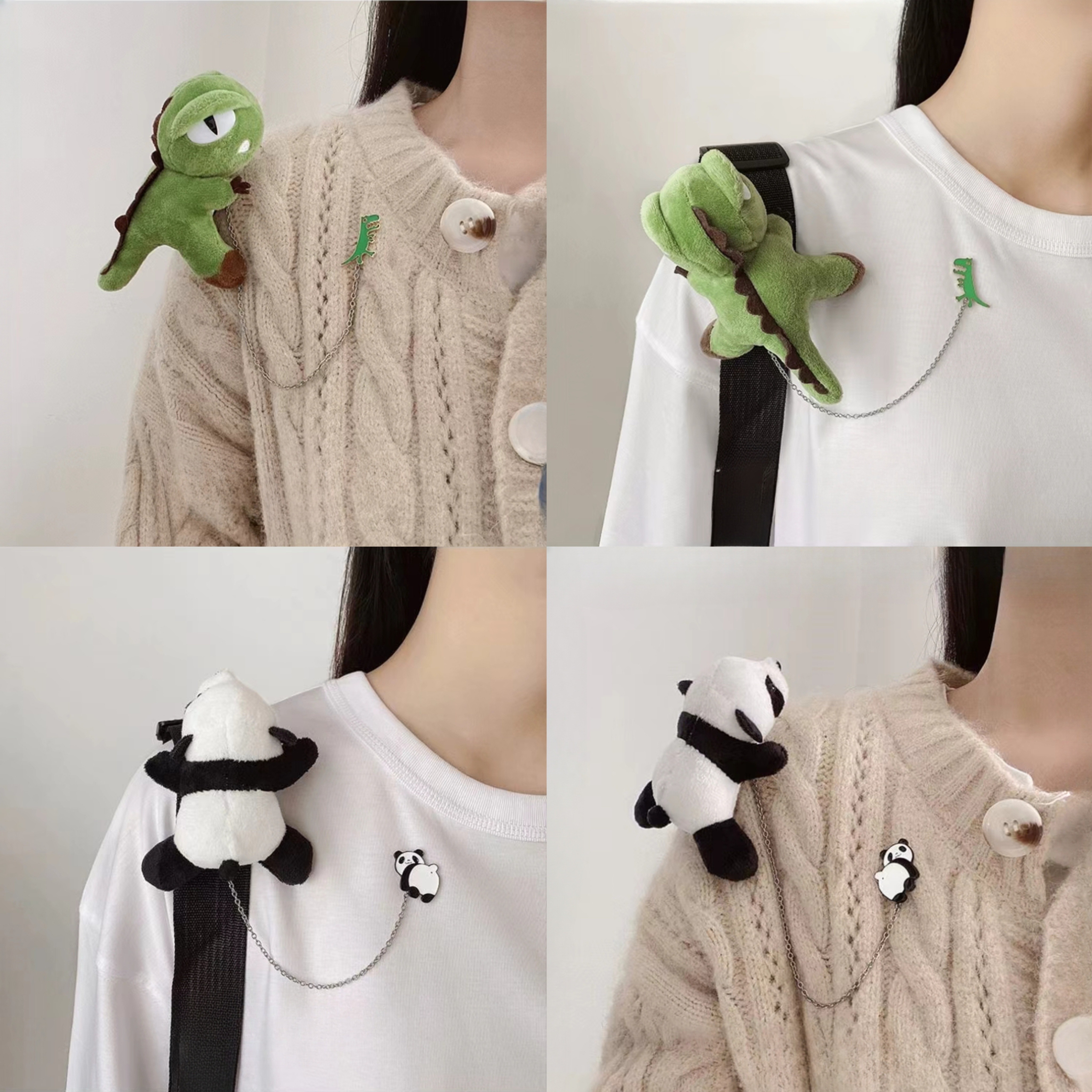 

Cute Cartoon Dinosaur & Plush Brooch Pins Set, Couples Fabric Lapel Pins With Chain For Clothing And Bag Decoration, Perfect Gift For Teens