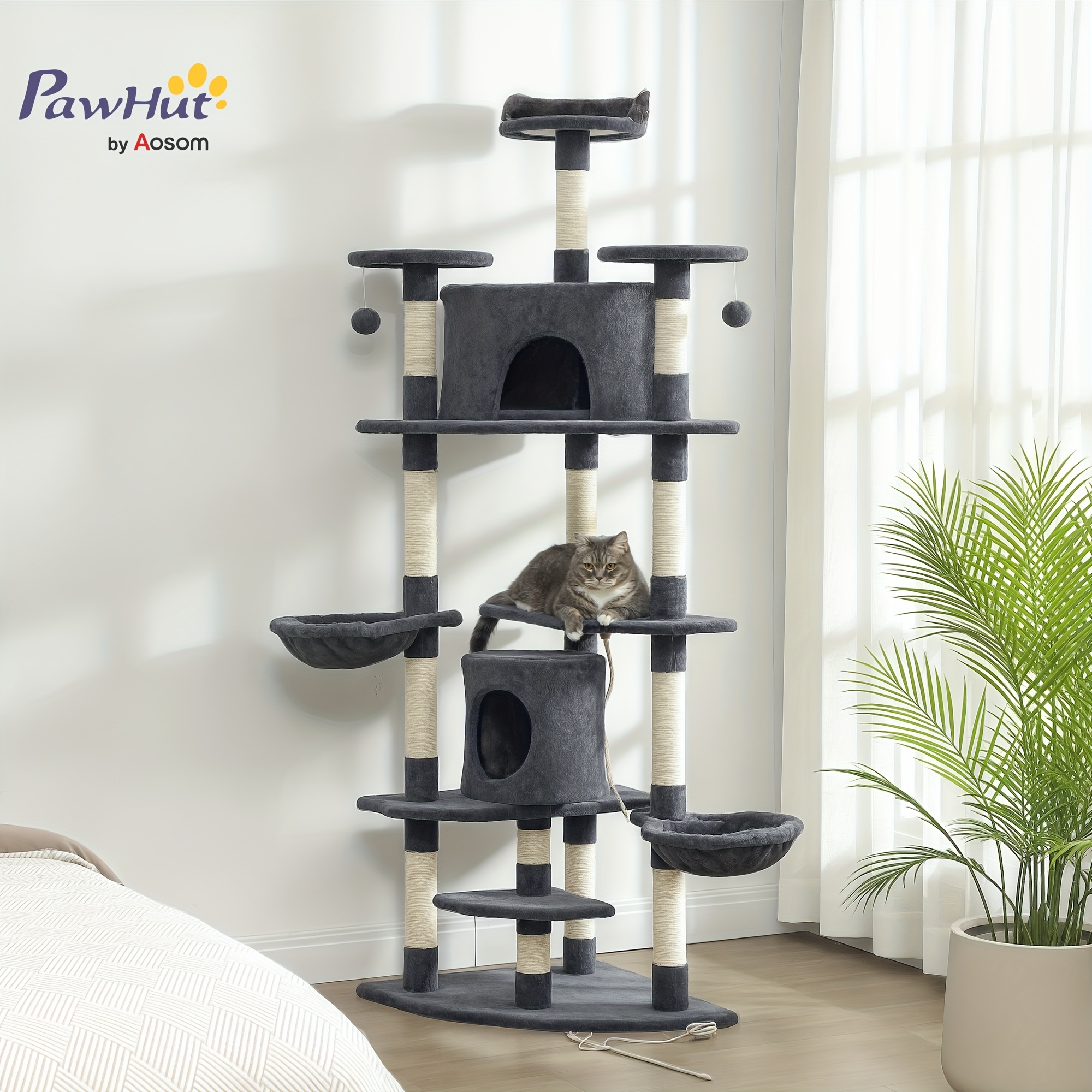 TEMU PawHut Arbre à Chat à Plusieurs Niveaux de 79" avec Deux Cabanes, Arbre à Chat avec Poteaux à Griffuer, Deux Hamacs, Perchoirs, Jouets , Gris