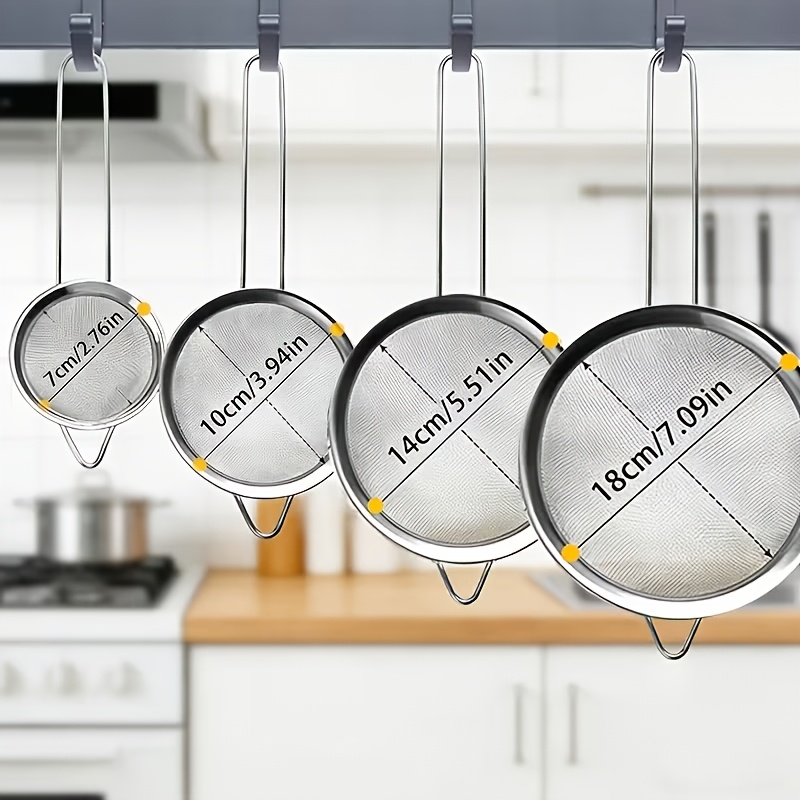 TEMU 4pcs Stainless Steel Flour Sifter Set With Handle, Includes Mesh Sieves For Filtering , Washing Beans, And Straining Oils. In 4 Sizes, Reusable