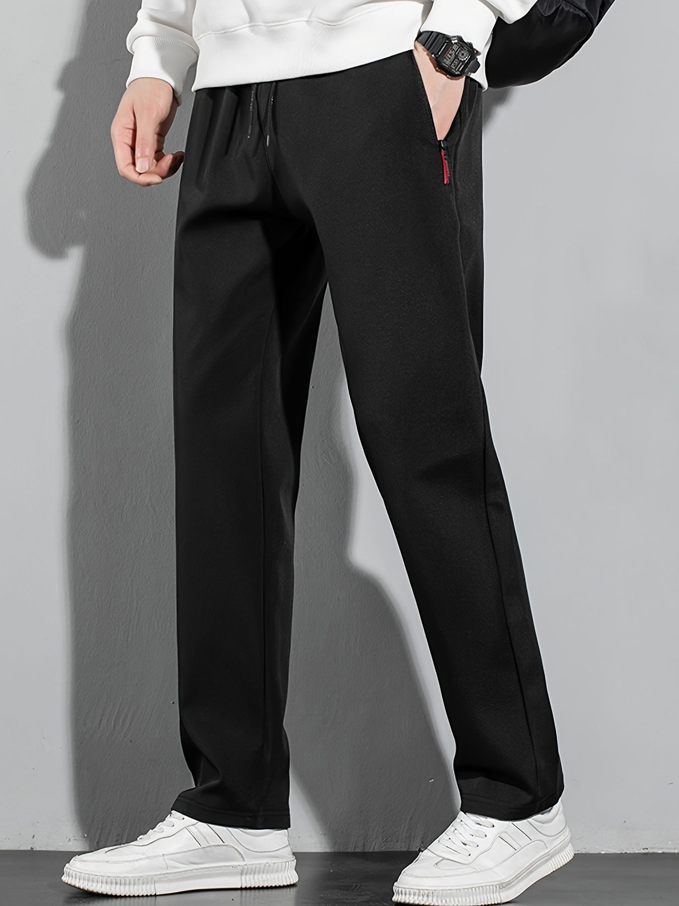Men's Plus Size Polyester Sports Pants - 100% Polyester, Casual Style, Slight Stretch Fabric, Solid Color, Spring/Summer, Regular Fit, Adult Weekend Casual Trousers with Woven Technique