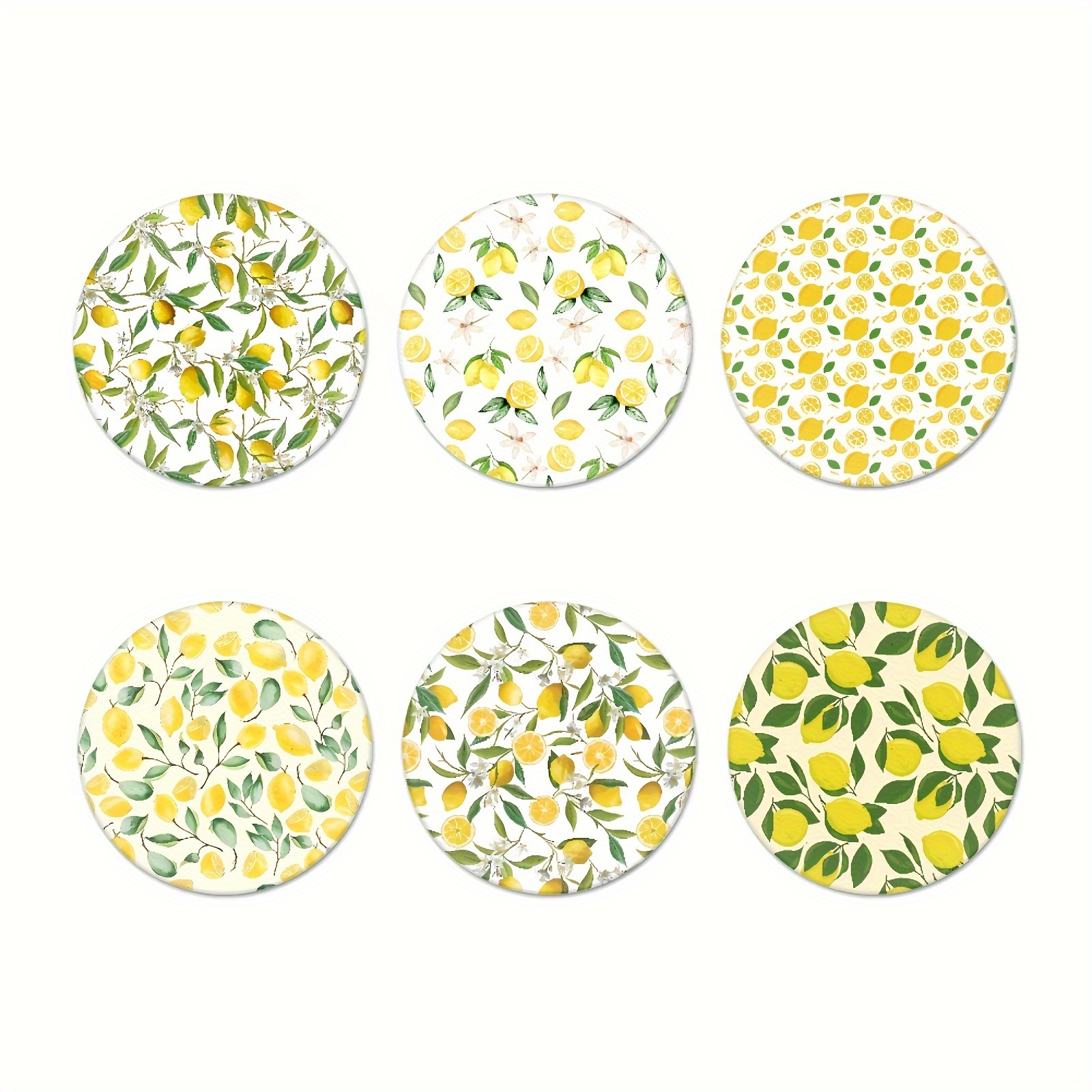 

6pcs/set Coasters, Fruit Theme Lemon Print 3.5 Inches Round Coasters For Drinks, Coasters For Coffee Table, Absorbent Coasters Set, Suitable For Kinds Of Cups, Home Decor Tabletop Protection Coasters