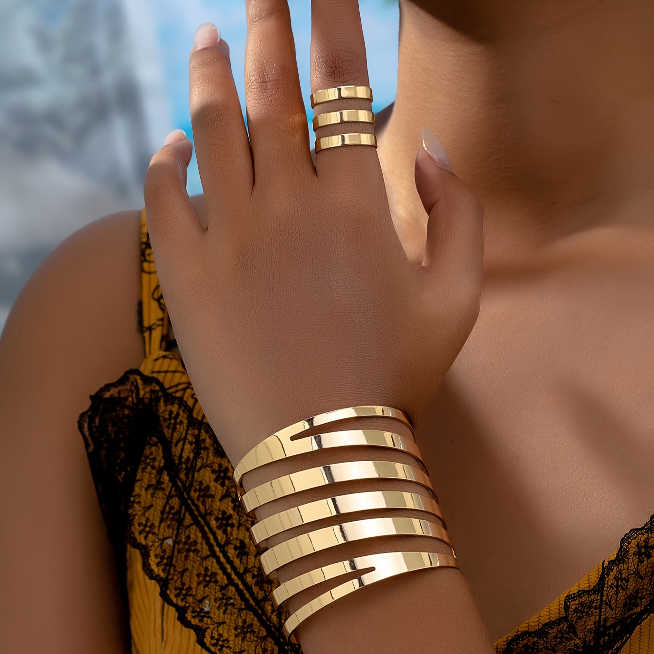 

Elegant Geometric Cut-out Striped Open Cuff Bracelet And Ring Set, Golden Finish, Exaggerated Statement Jewelry For Women