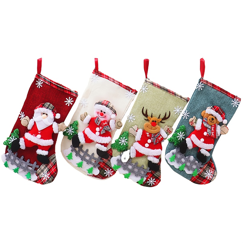 TEMU 4pcs Christmas Gift Sock Set, Large Linen Candy Bags With Snowflake, Santa, Snowman, Reindeer, And Bear Patterns, Decorative Long Socks For