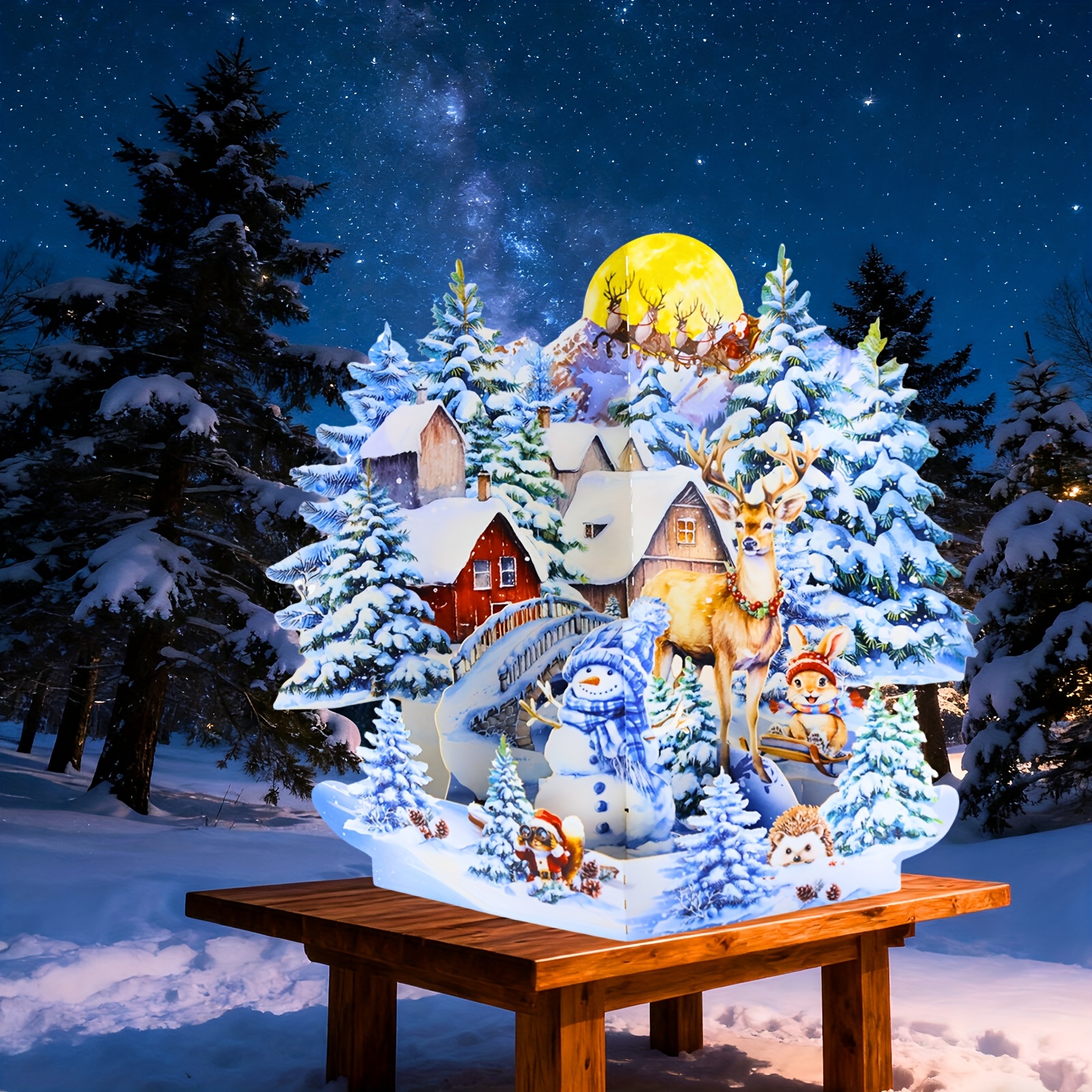 TEMU Carte de Noël Pays des Merveilles Pop-Up 3D, 1 pièce, avec enveloppe - Effet boule à neige en papier 3D, mécanisme à languette, maisons