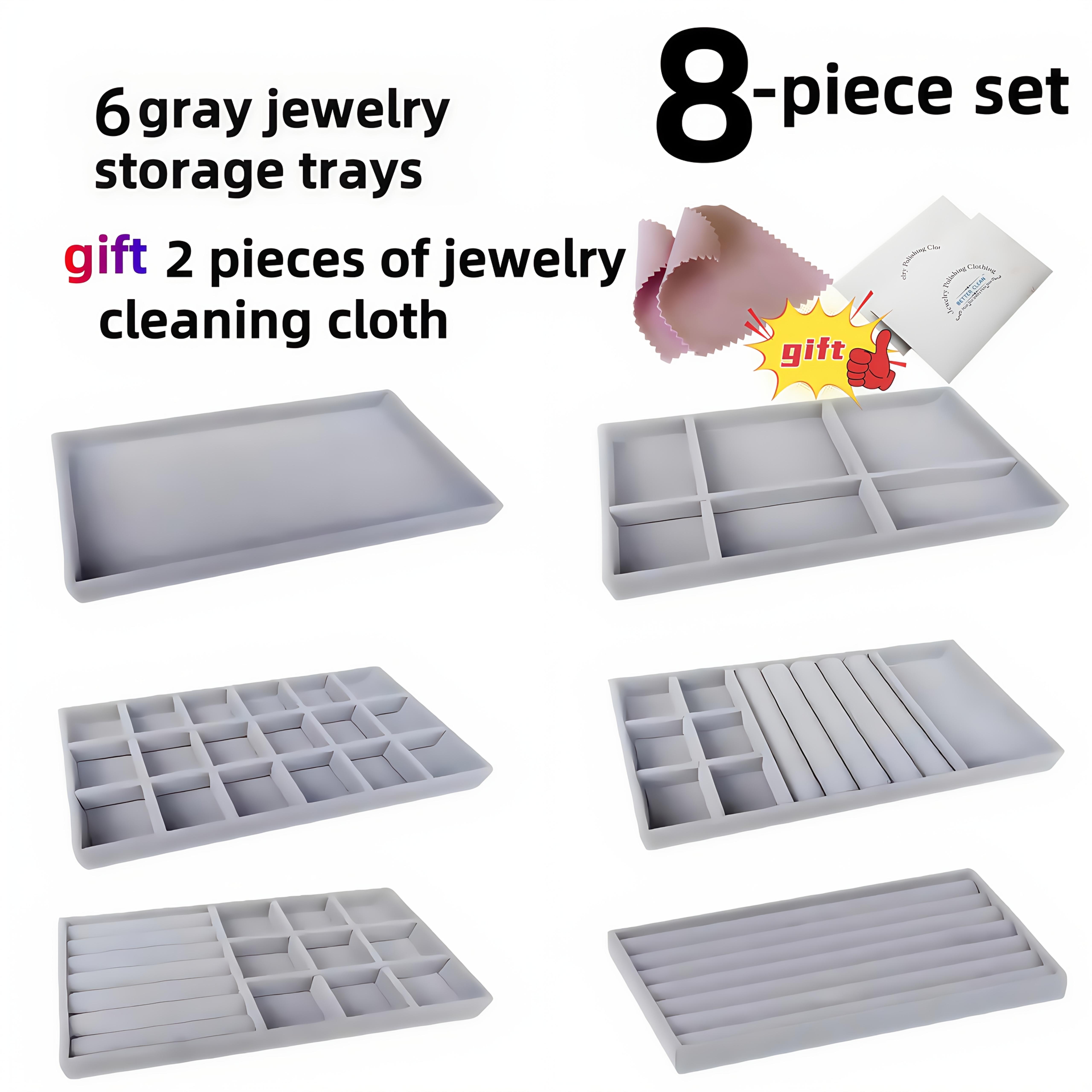 TEMU 8pcs Jewelry Towers & Organizers Set, 6pcs Jewelry Trays With 2 Jewelry Cleaning Cloths Included, Offered In & Gray Options. Jewelry Display