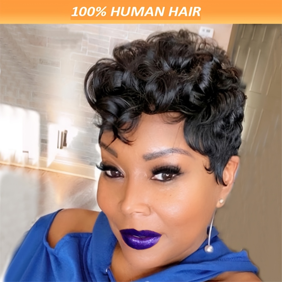 

1pc Elegant Cut Wig For Women - 180% Density Short Curly Human Hair, Loose Wave Style, Cap, No Lace Front Wig With Bangs