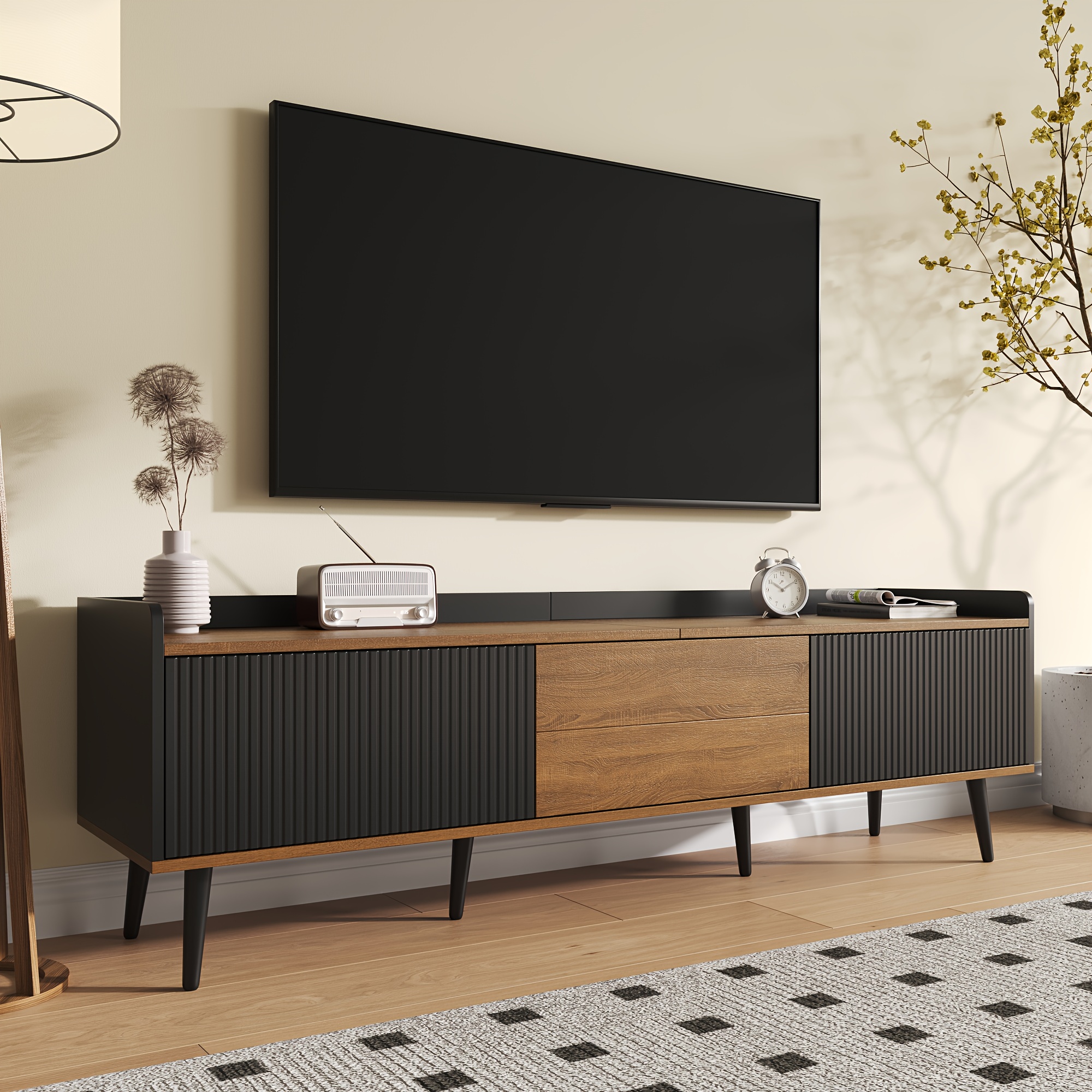 modern tv stand with 3-door cabinet - heavy-duty bamboo construction, space-saving tv table for living room, home theater - easy assembly,   - compatible with tvs up to 165.1cm - sturdy floor protector base, entertainment center,  ,   build, storage solution, small   0