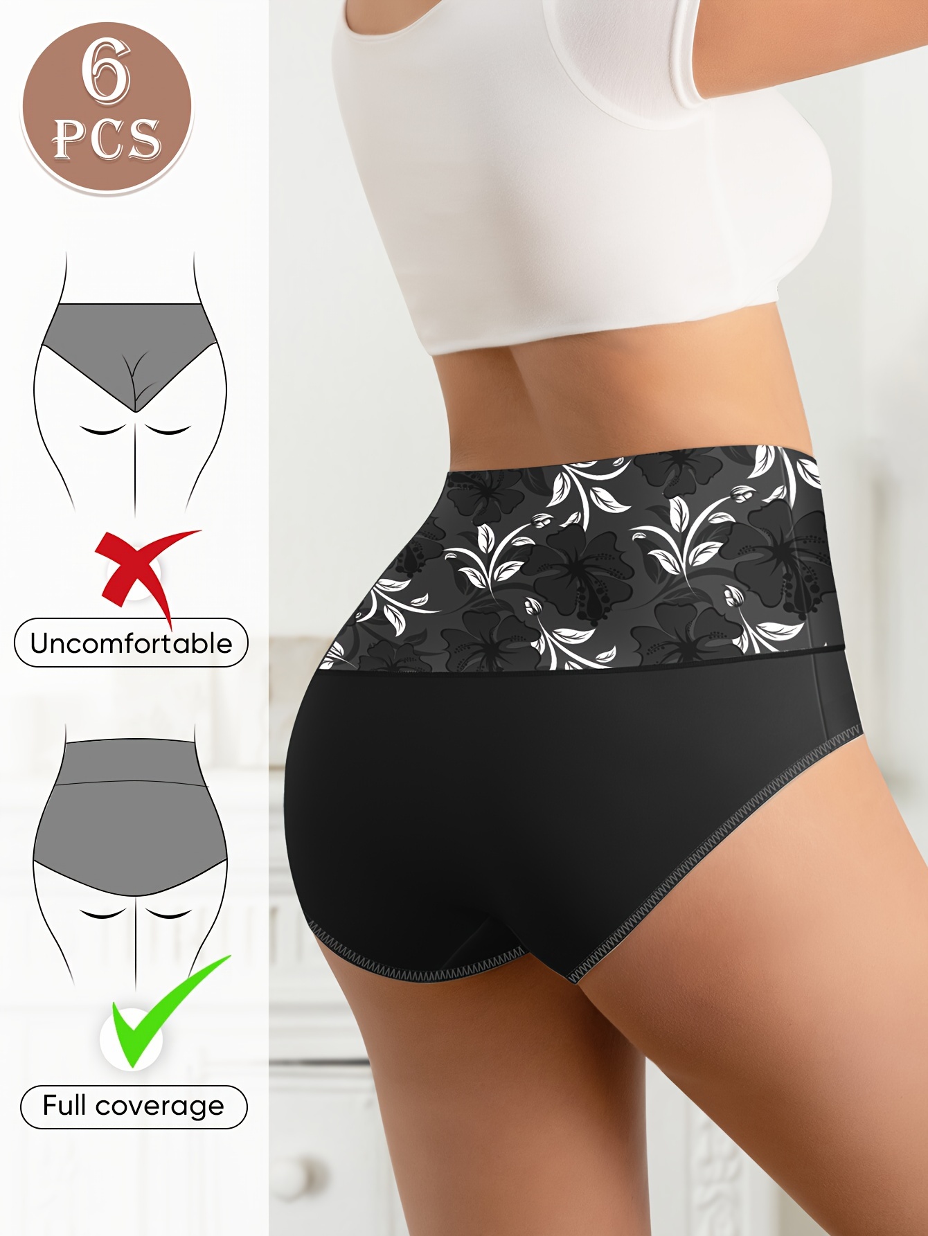6pcs Plus Size Elegant Panties, Women's Floral Print High Waisted Soft & Comfort Briefs