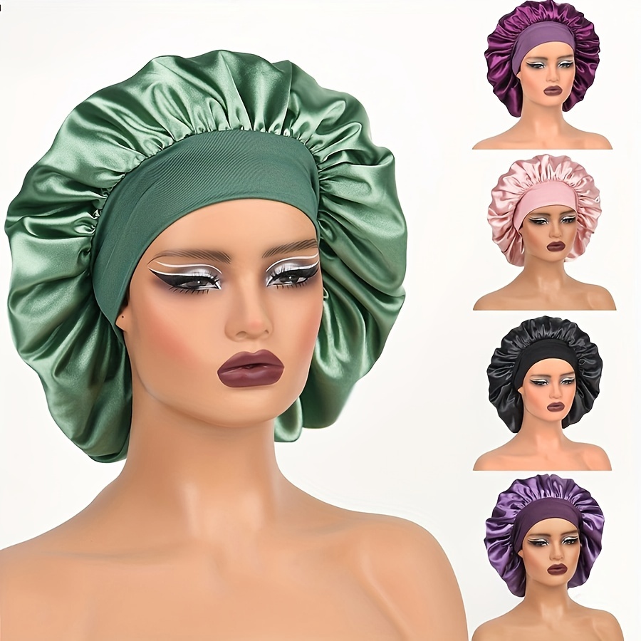 

Un bonnet de nuit en satin avec un large bande élastique, idéal pour protéger les cheveux pendant le sommeil, adapté à tous les types de cheveux