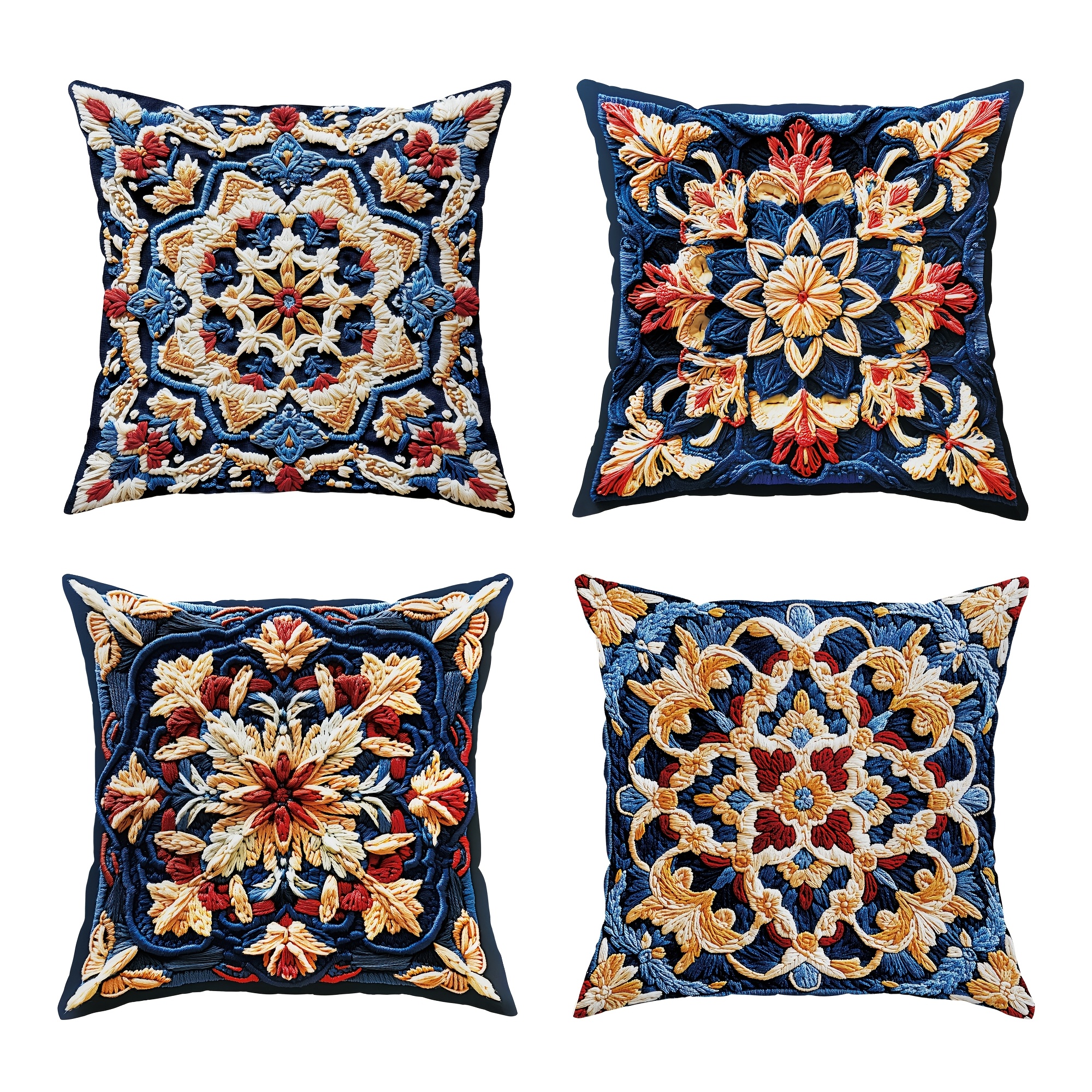 

4pcs Set Bohemian Velvet Throw Pillow Covers - Soft, Cosy & Decorative With Persian Patterns In Yellow, - Zip Closure For & Versatile Home Decor