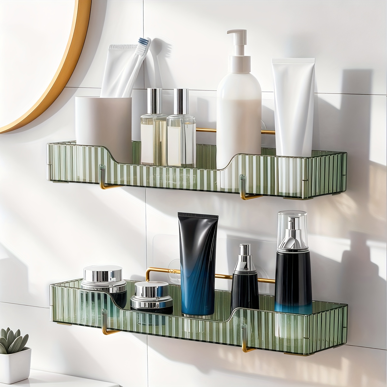 2pcs Adhesive Shower Caddy, Wall Mounted Bathroom Organizer Shelves, Bracket Shelf, With Soap Holder, For Kitchen Countertop Storage