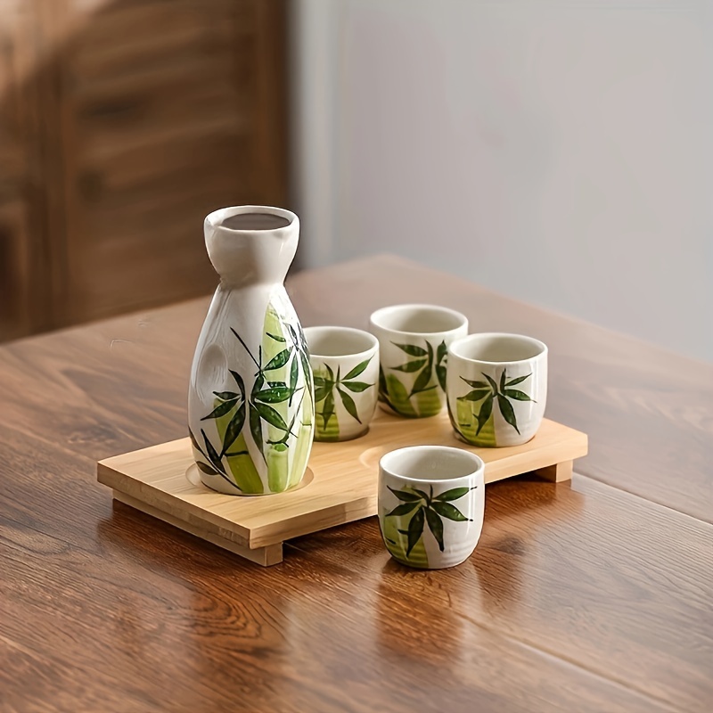 Set, Japanese Sake Set, Including 1pc Tokkuri Bottle And 4pcs Ochoko Cups,  Bamboo Or Flower Pattern Ceramic Sake Set, Summer Drinkware, Kitchen Stuff