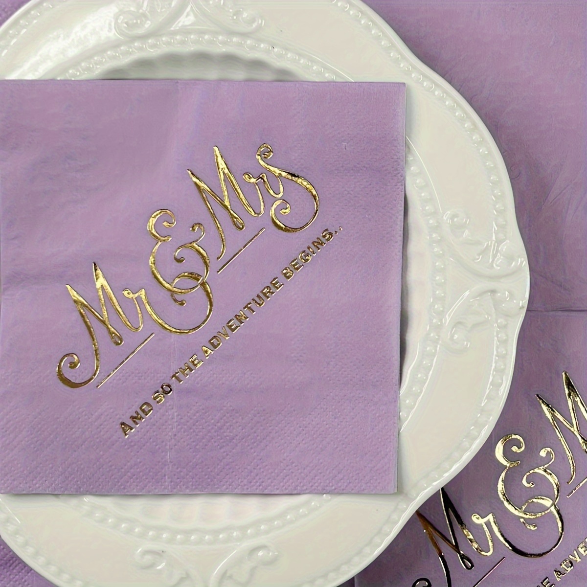 E-shop 16-teiliges Set, 2-lagige Taro-Lila Heißprägung Mr&Mrs Farbdruck Servietten 10*10 Zoll, Hochzeitsfeier Deko Papiertücher, Restaurant Hotel