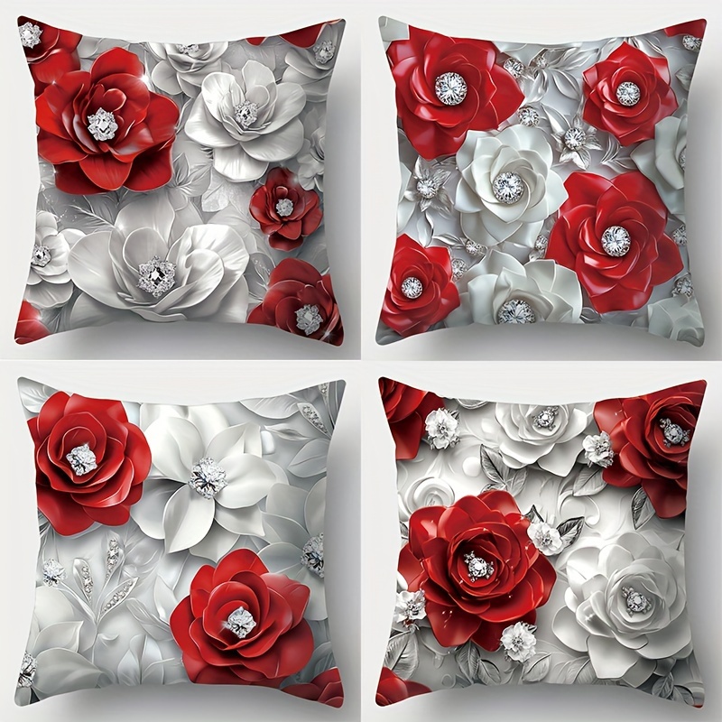 

4pcs, The Flower Theme Incorporates Rose Elements, And Are Red And Silvery. The Material Of Soft And Comfortable Fabric With . The Size Is , Practical And Beautiful