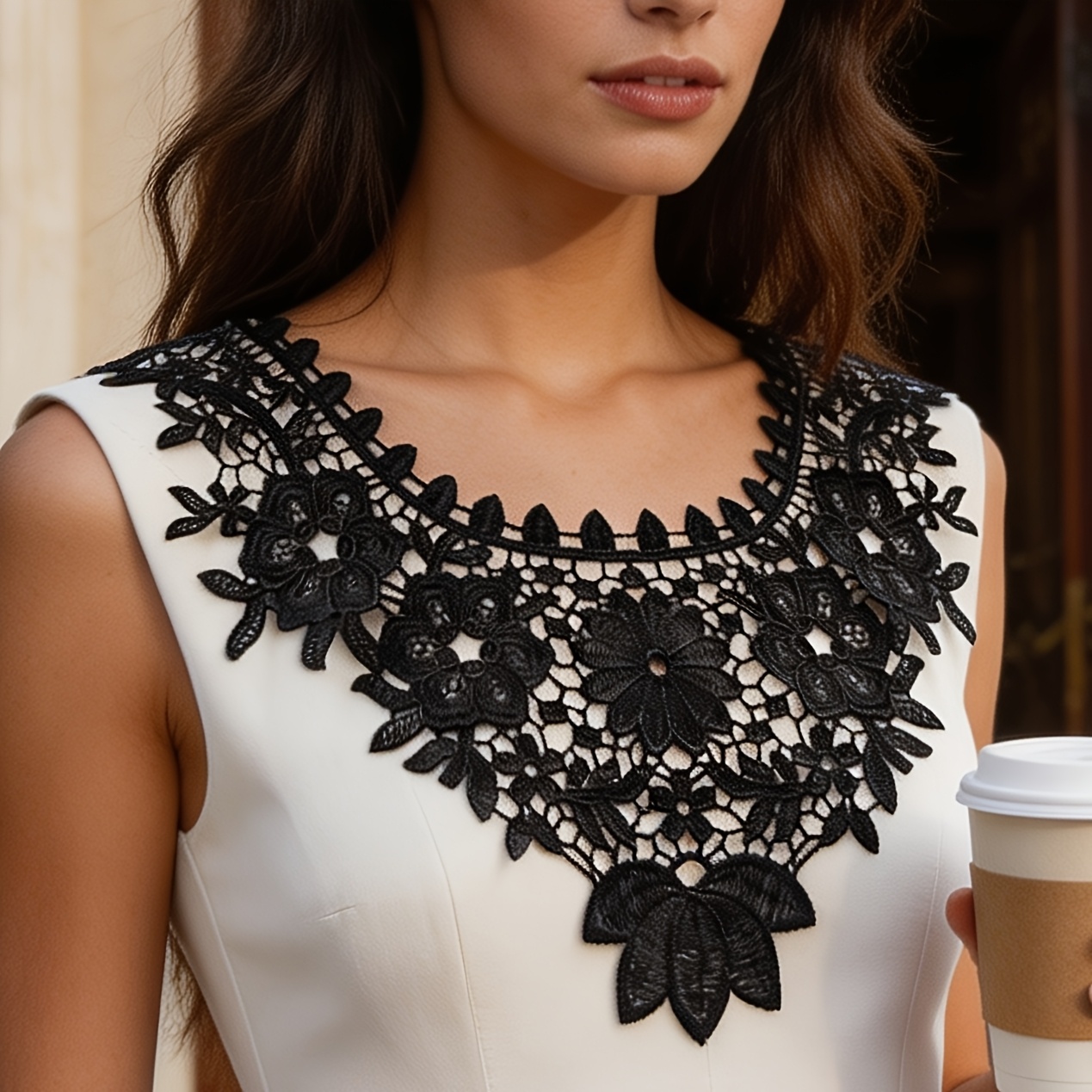 TEMU This Is A Hollow Floral Lace Collar Featuring Detailed Cutouts And -dimensional . Deep V-neck Style Enhances The Neckline's . Ideal For Daily