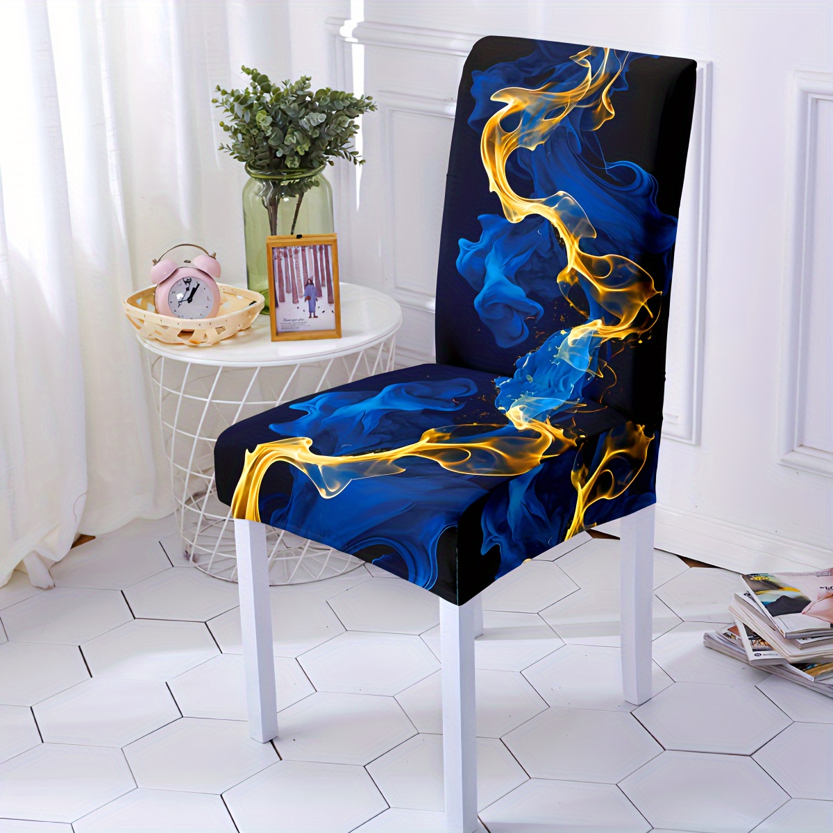 

4pcs/6pcs Blue & Metallic Accent Marble Pattern Dining Chair Covers, Digital Print Stretch Slipcovers For Restaurants, Hotels, Ceremonies & Festive Decor, Machine Washable Polyester-spandex Blend