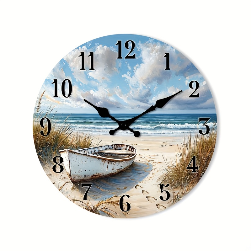 TEMU 1pc Silent Non-ticking Wall Clock - Wooden Round Nautical Beach Scene With Boat Design, Face For , Suitable For Kitchen,,, Bedroom -